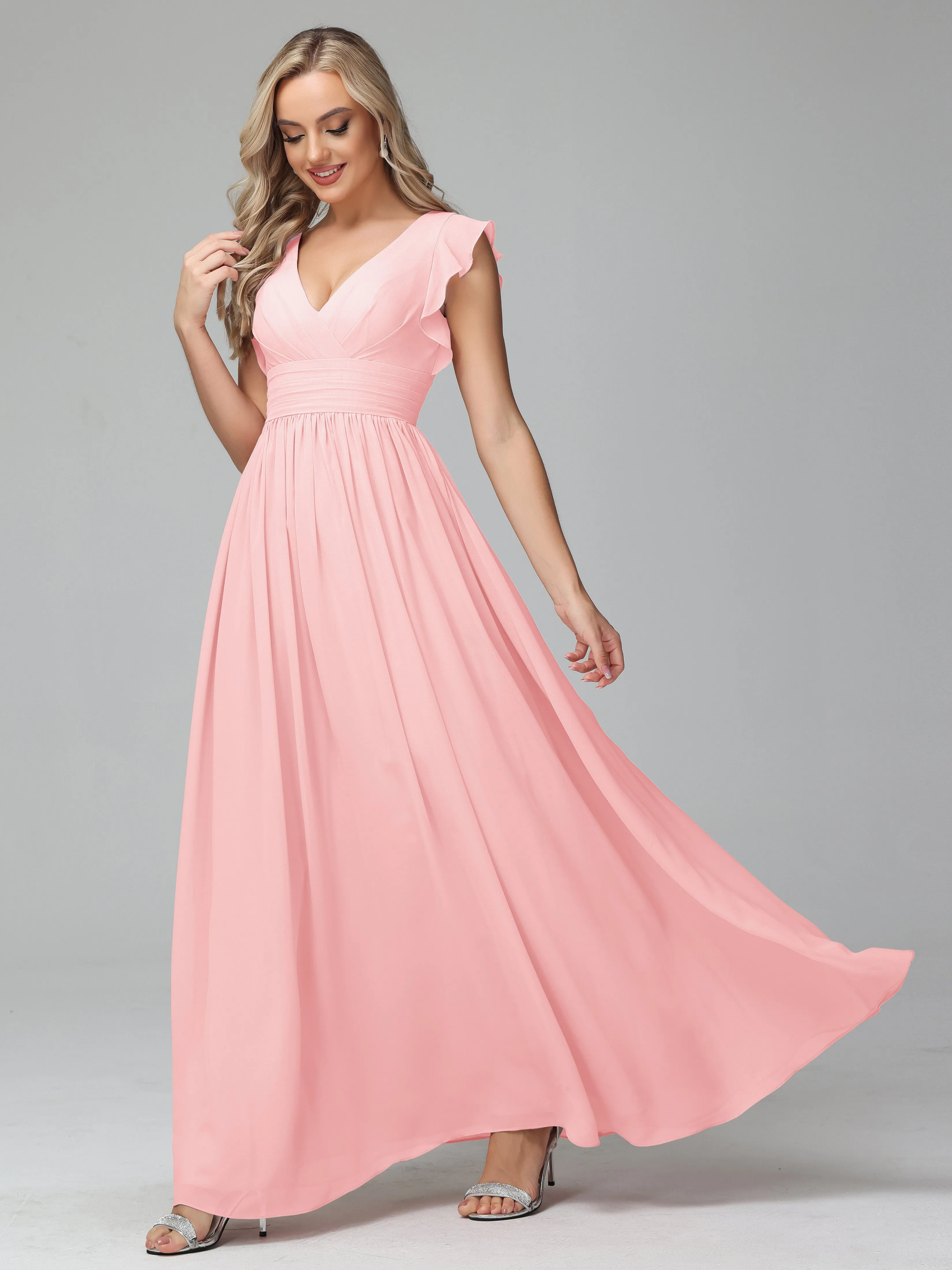 Bonnie V-Neck Chiffon Mother of the Bride Dress With Ruffle Sleeves