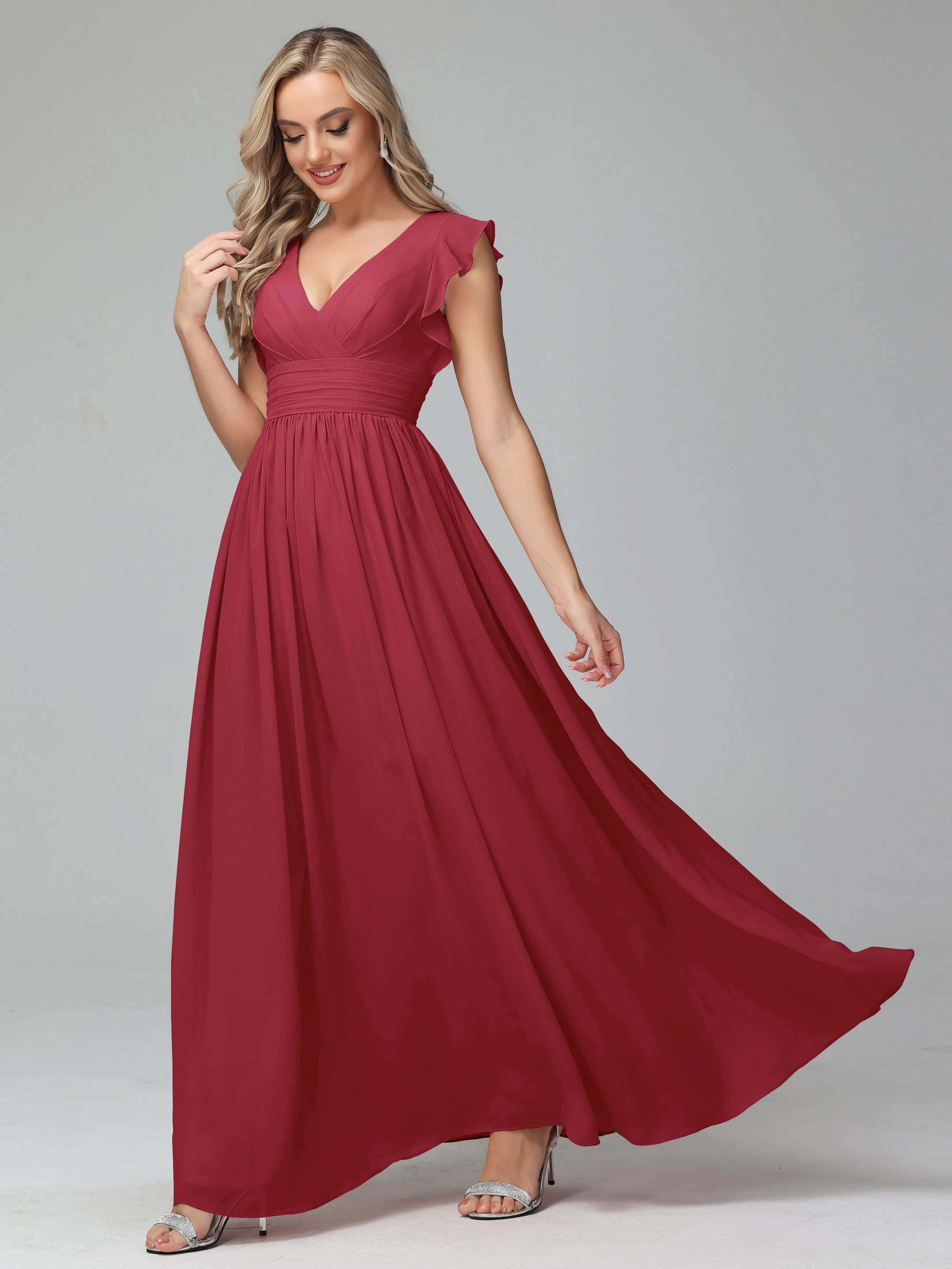 Bonnie V-Neck Chiffon Mother of the Bride Dress With Ruffle Sleeves