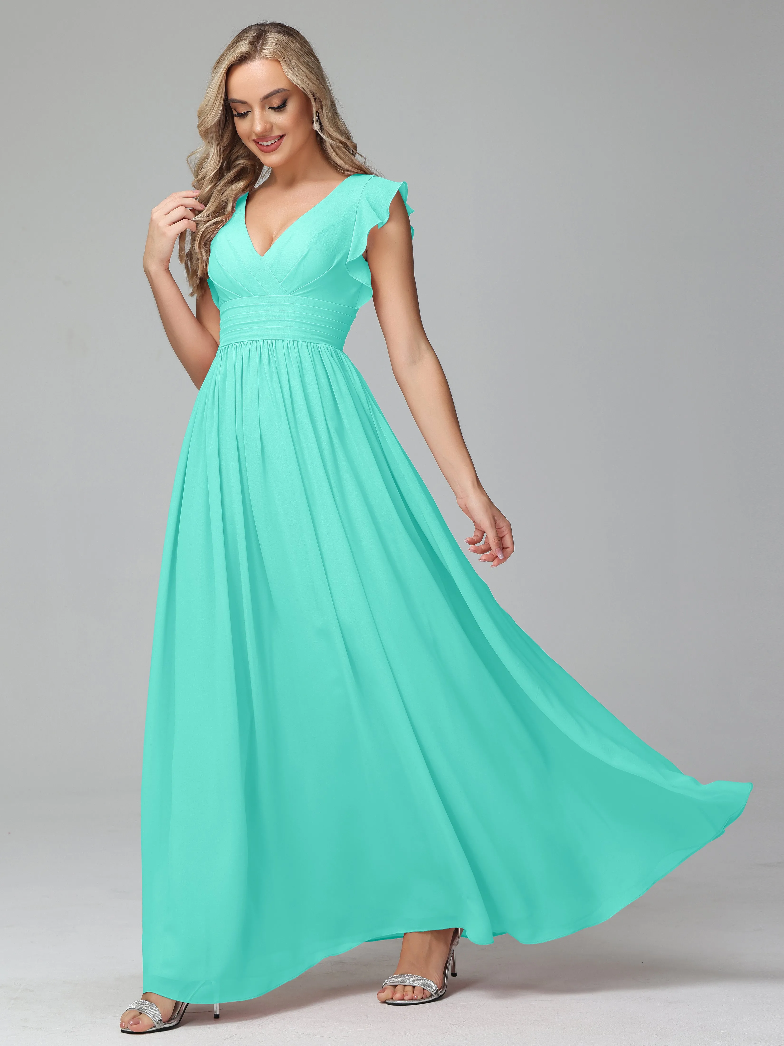 Bonnie V-Neck Chiffon Mother of the Bride Dress With Ruffle Sleeves