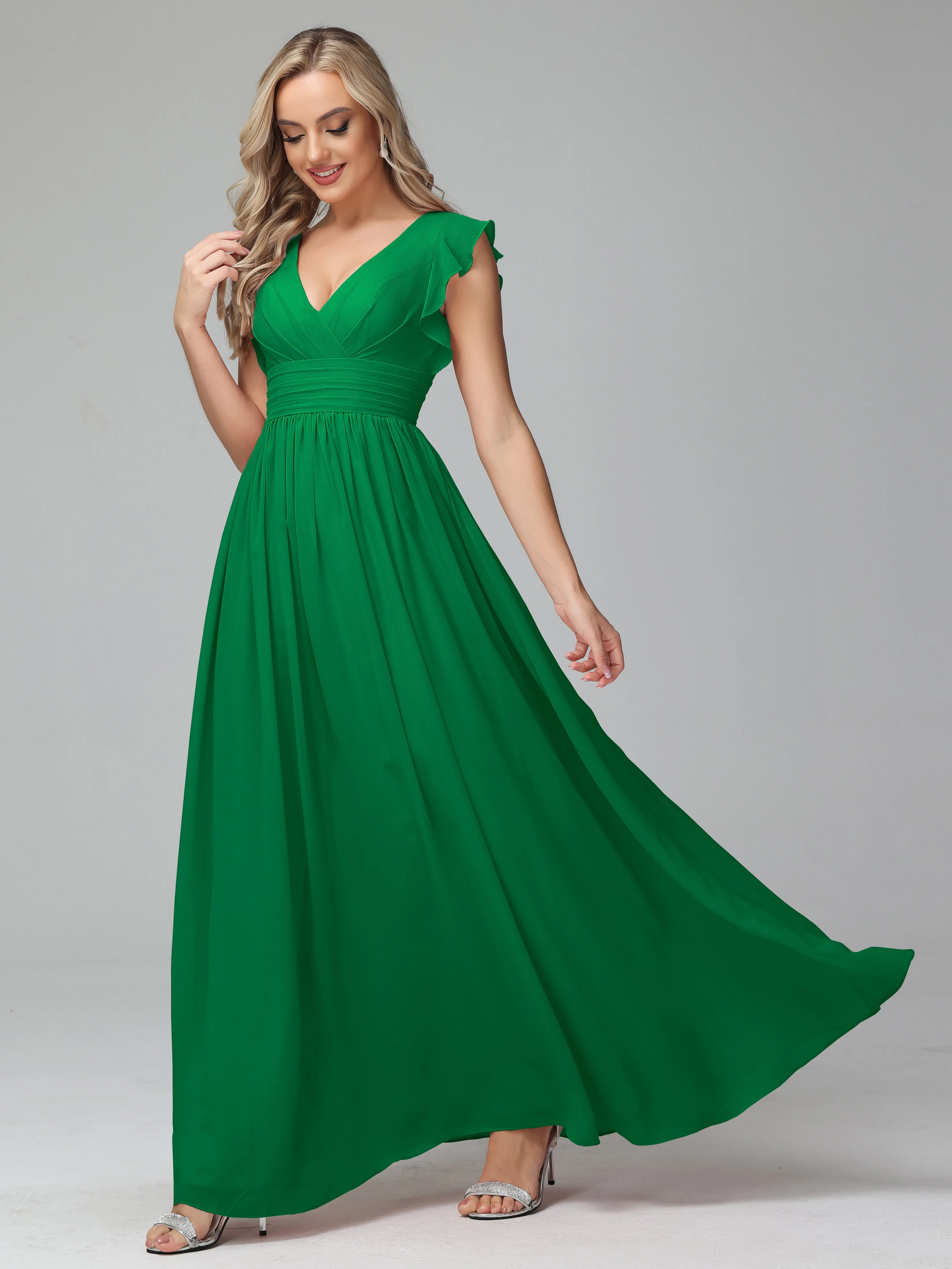 Bonnie V-Neck Chiffon Mother of the Bride Dress With Ruffle Sleeves