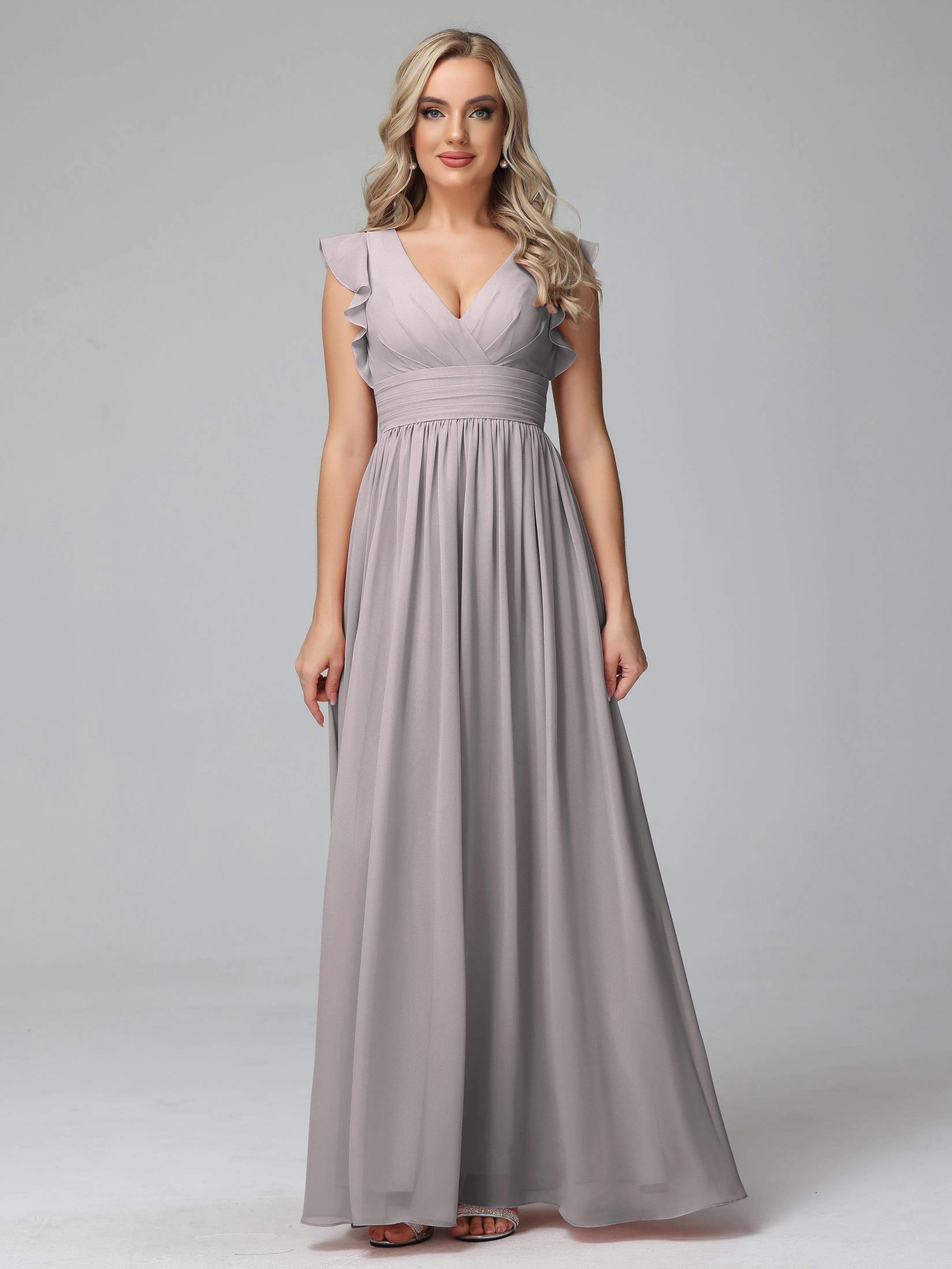 Bonnie V-Neck Chiffon Mother of the Bride Dress With Ruffle Sleeves
