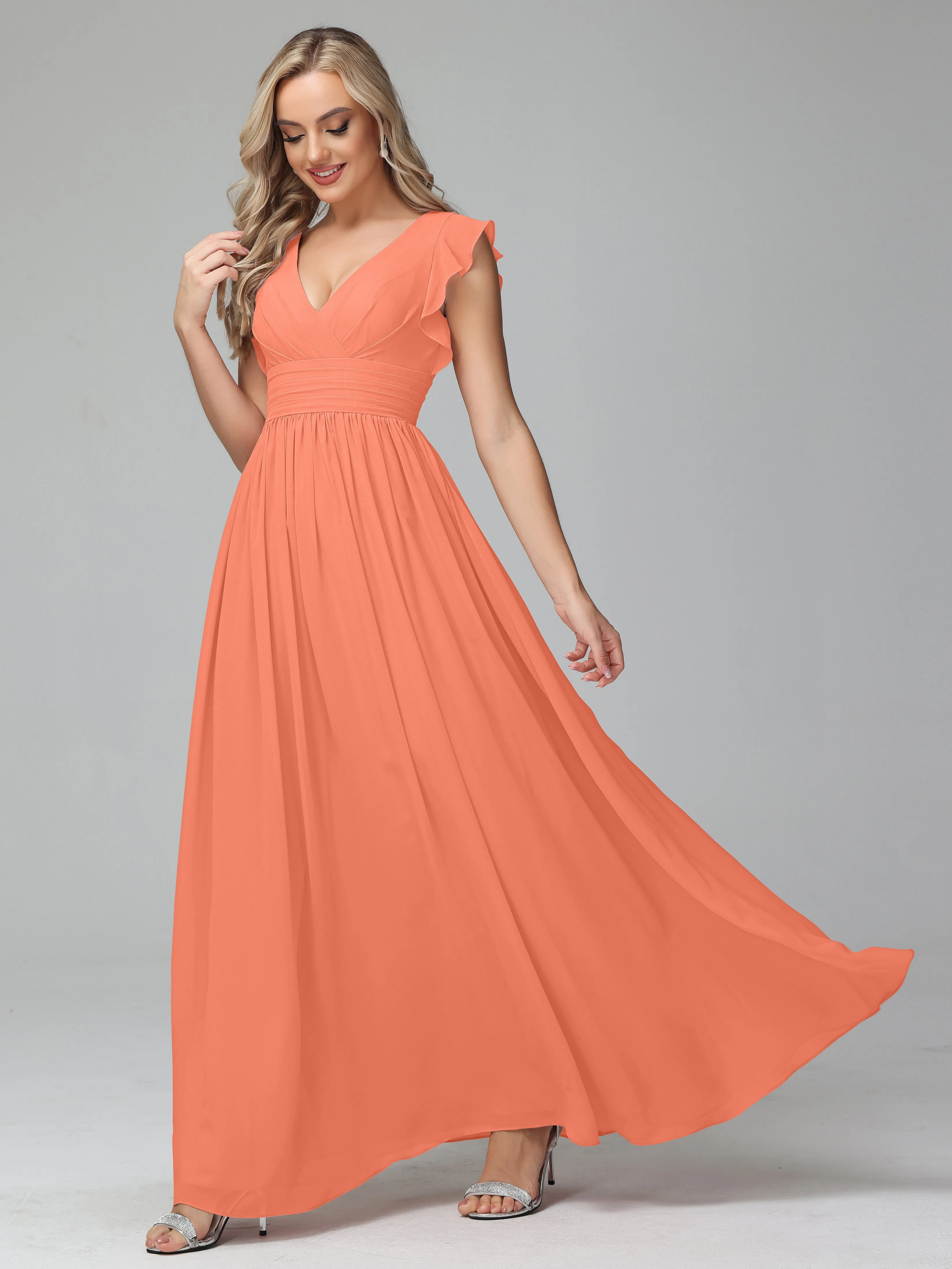 Bonnie V-Neck Chiffon Mother of the Bride Dress With Ruffle Sleeves