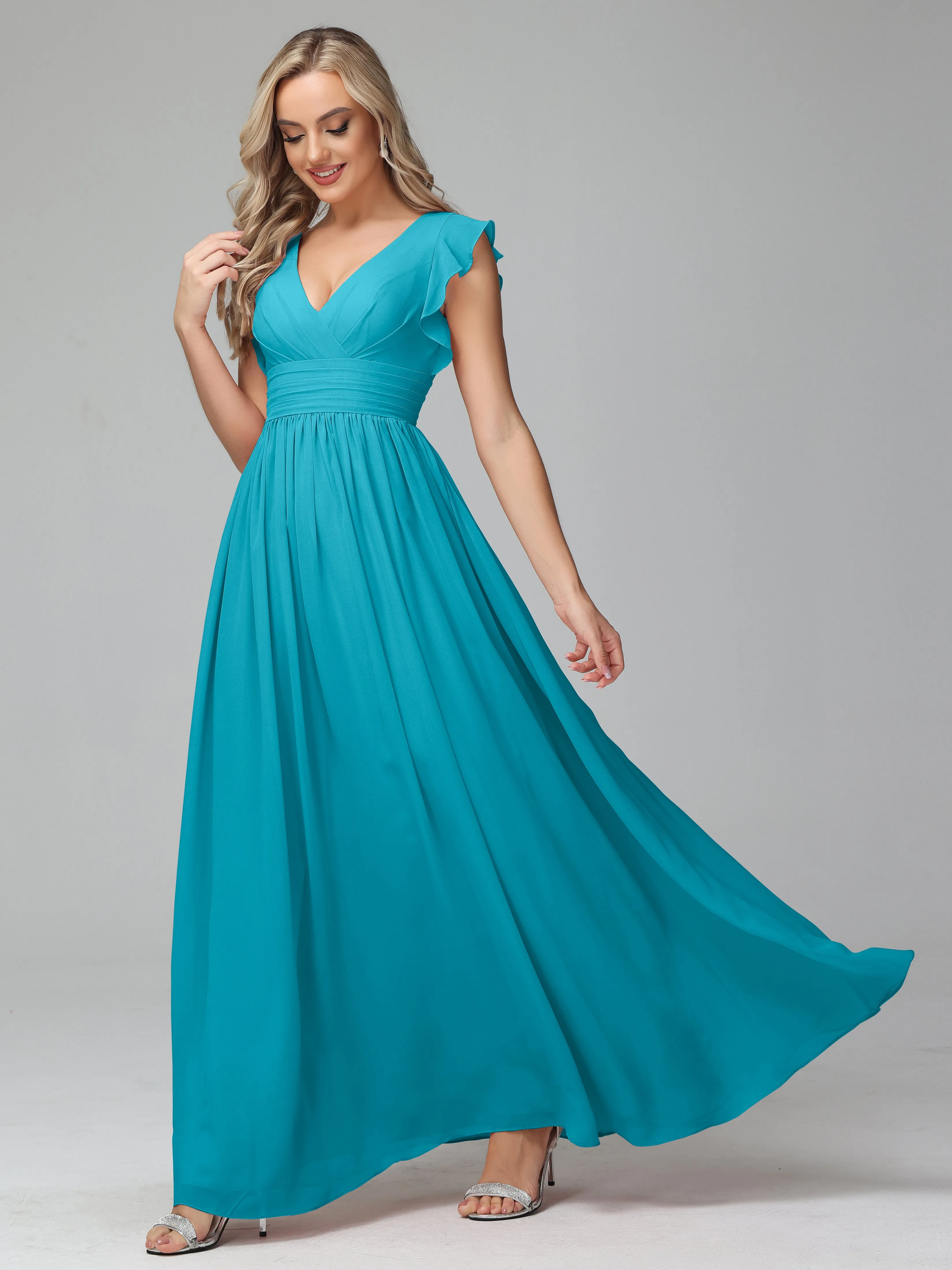 Bonnie V-Neck Chiffon Mother of the Bride Dress With Ruffle Sleeves