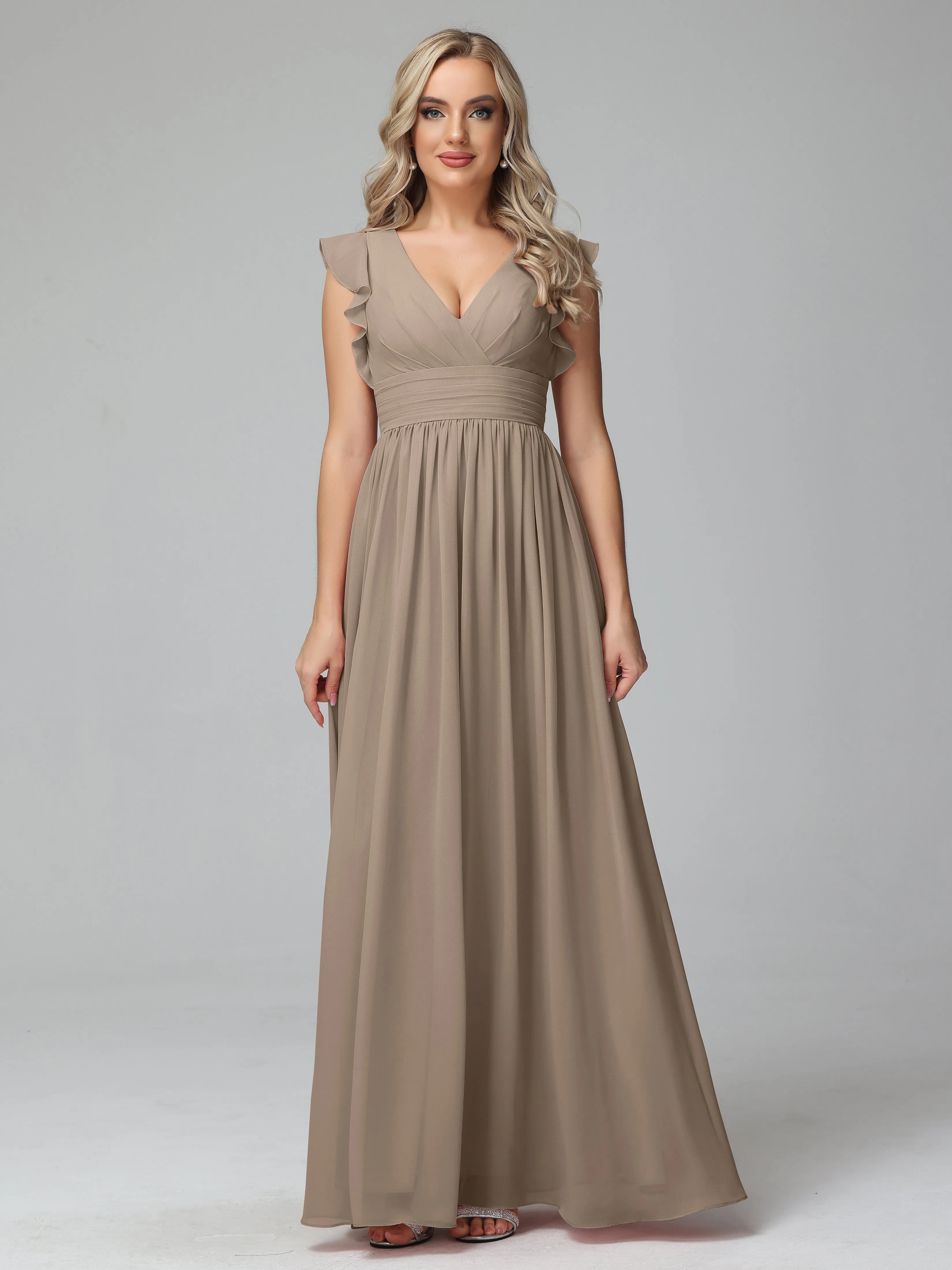 Bonnie V-Neck Chiffon Mother of the Bride Dress With Ruffle Sleeves