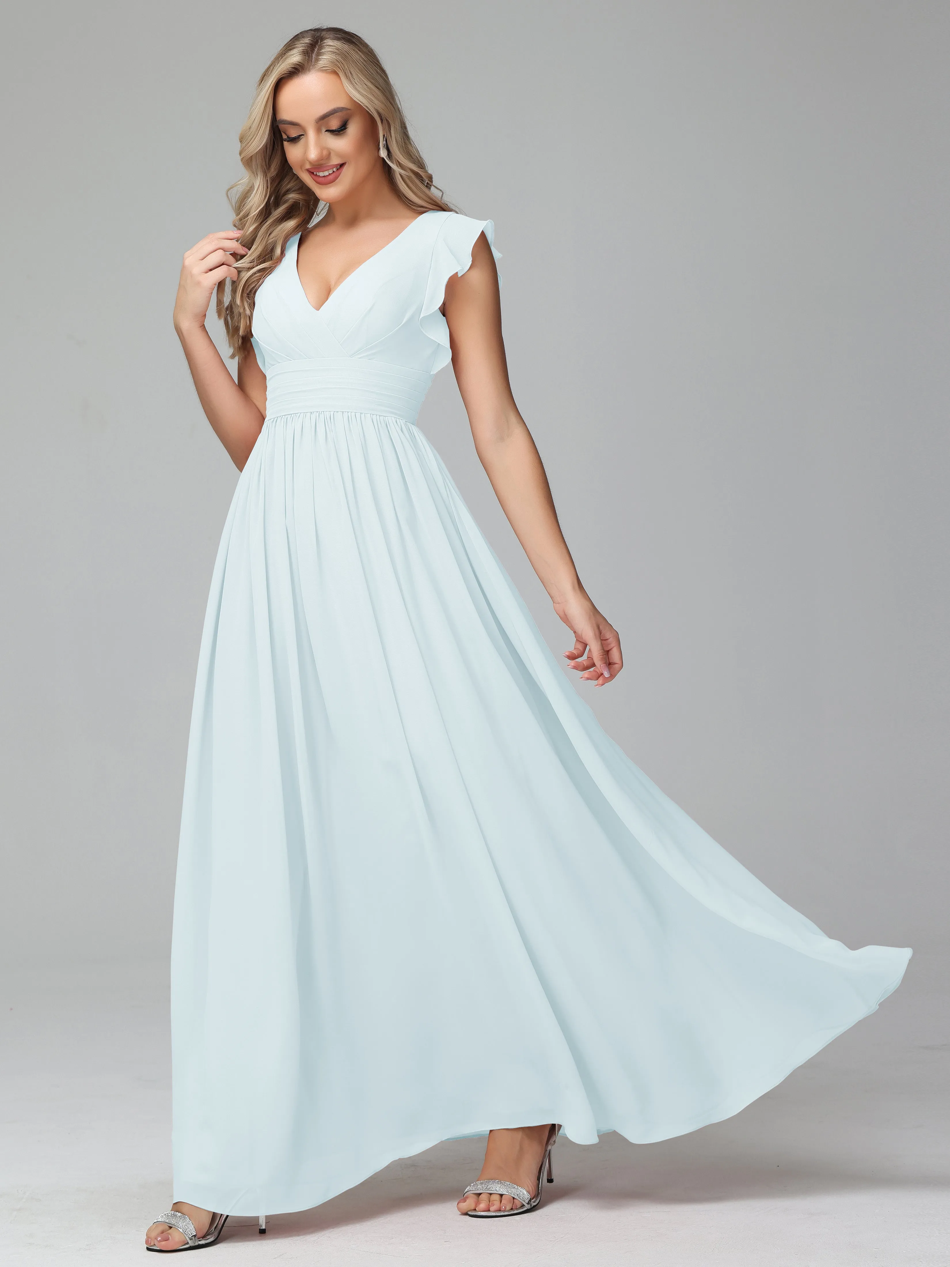 Bonnie V-Neck Chiffon Mother of the Bride Dress With Ruffle Sleeves