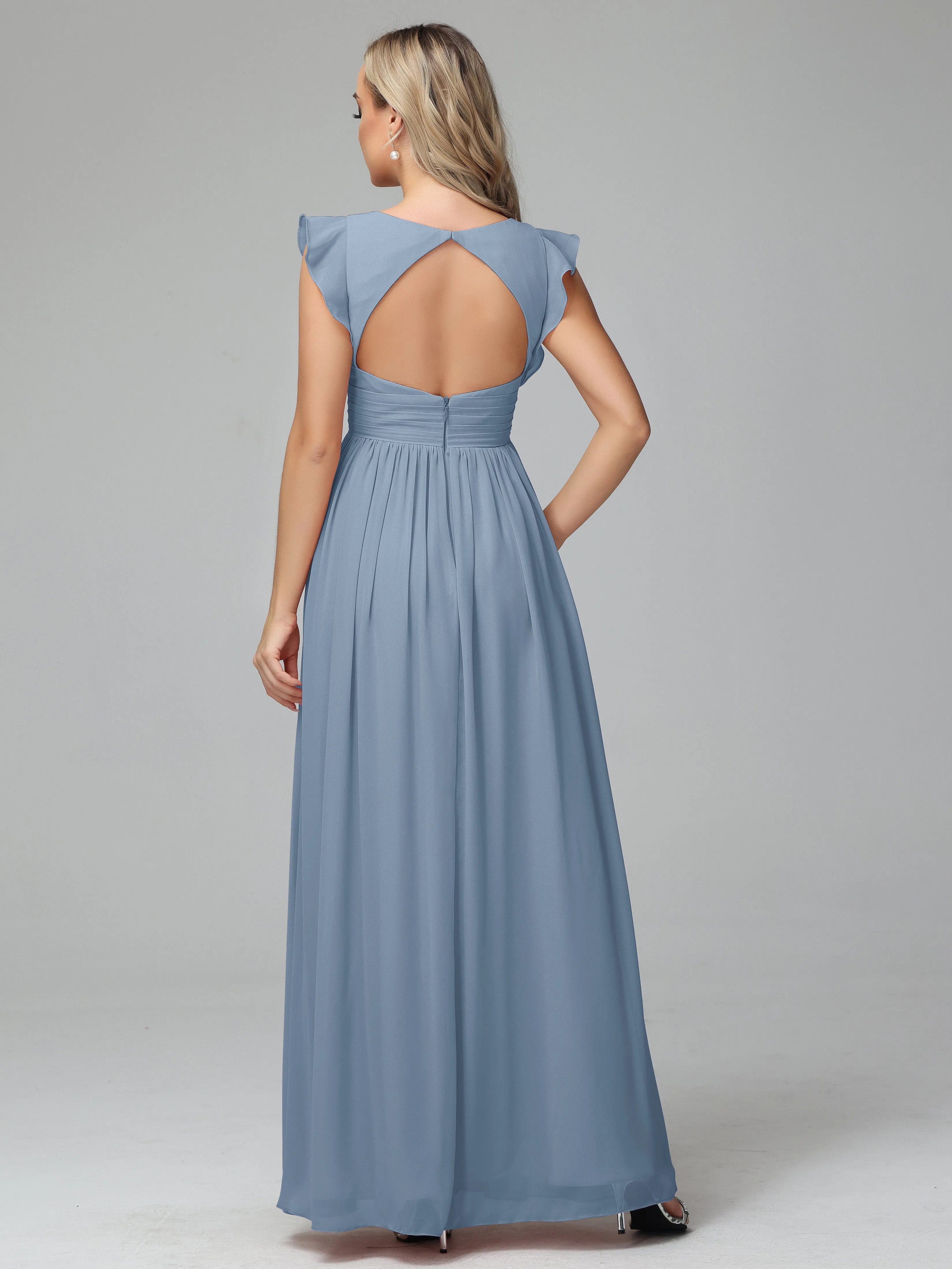 Bonnie V-Neck Chiffon Mother of the Bride Dress With Ruffle Sleeves