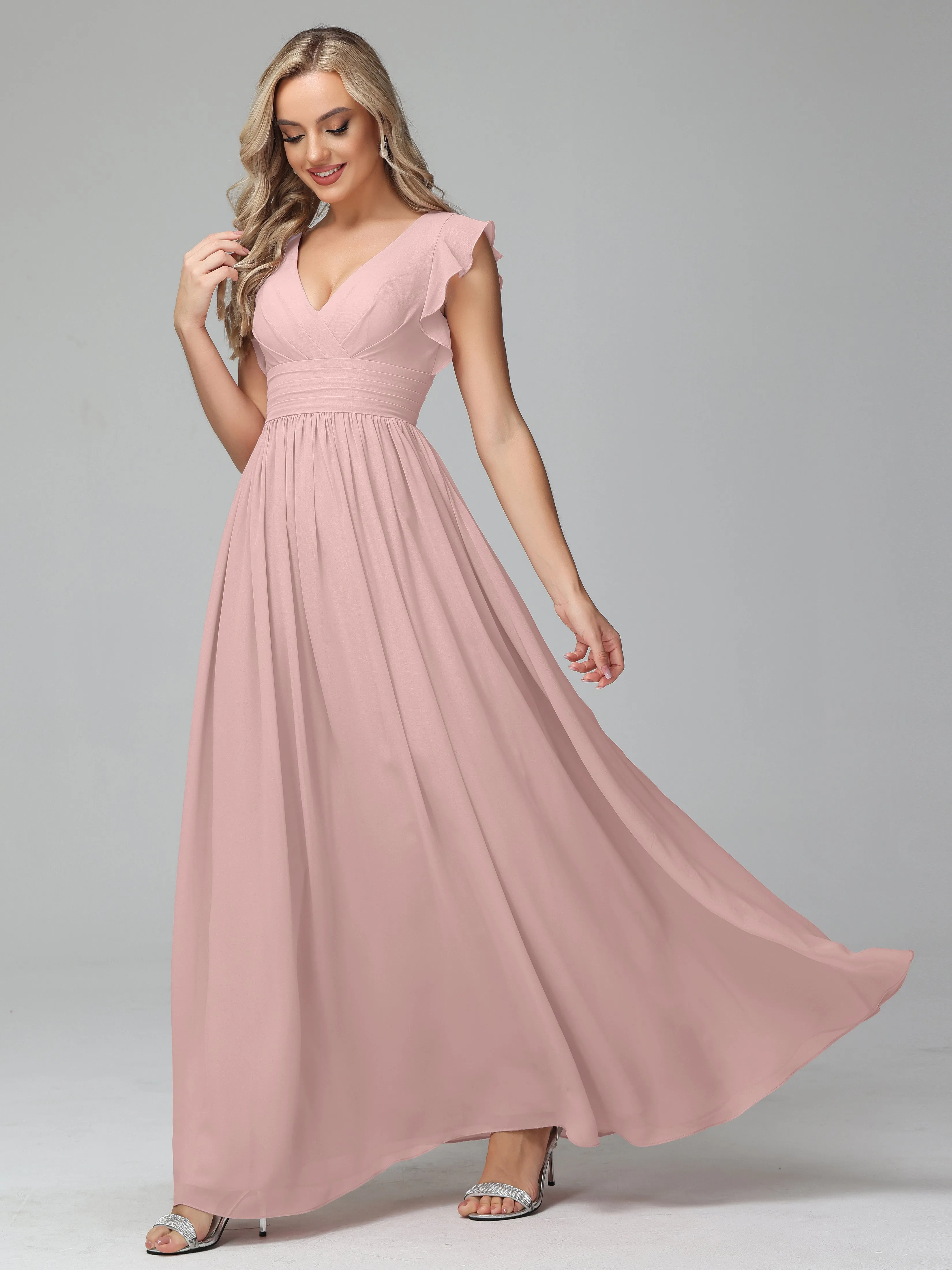 Bonnie V-Neck Chiffon Mother of the Bride Dress With Ruffle Sleeves