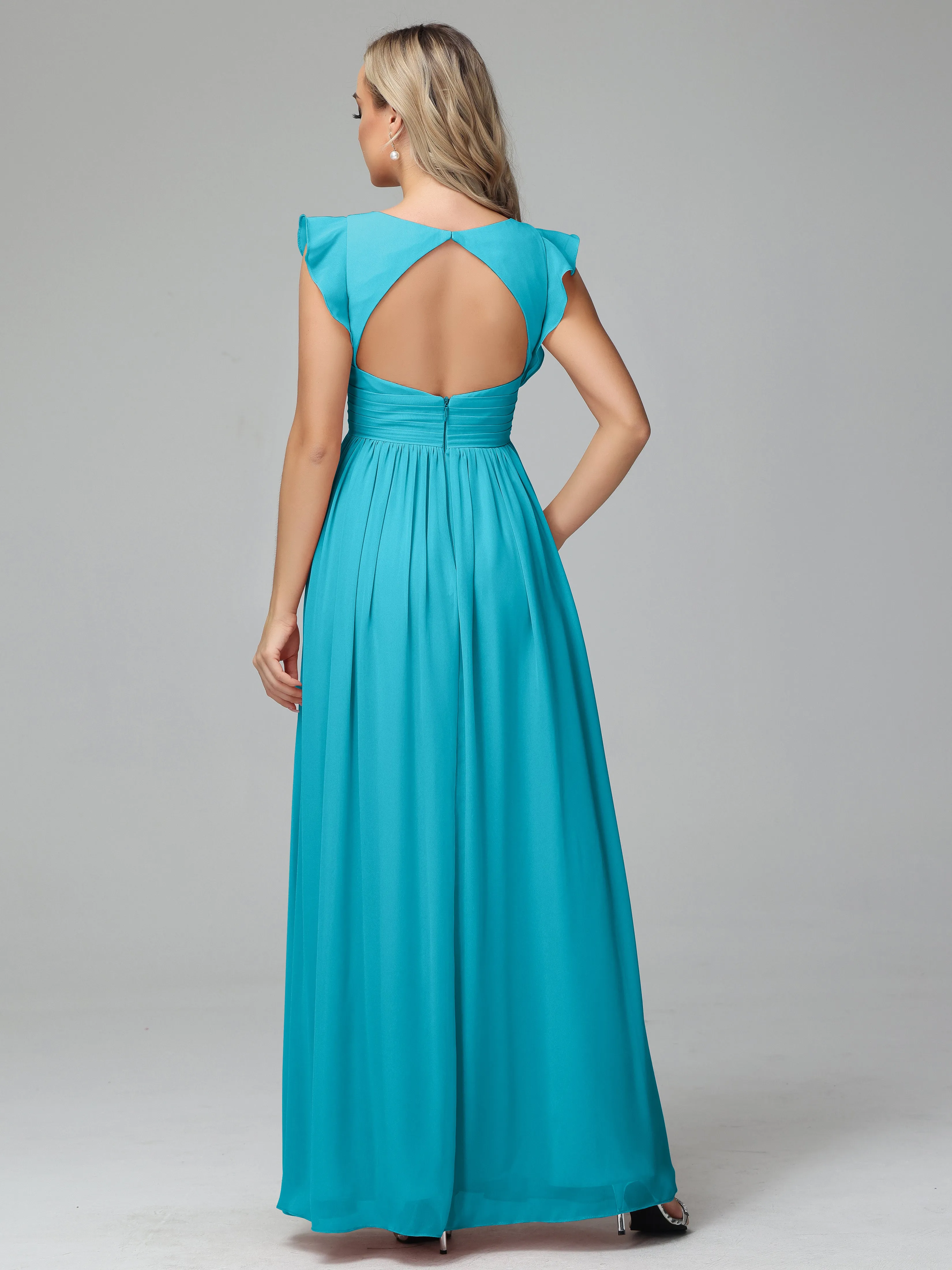 Bonnie V-Neck Chiffon Mother of the Bride Dress With Ruffle Sleeves