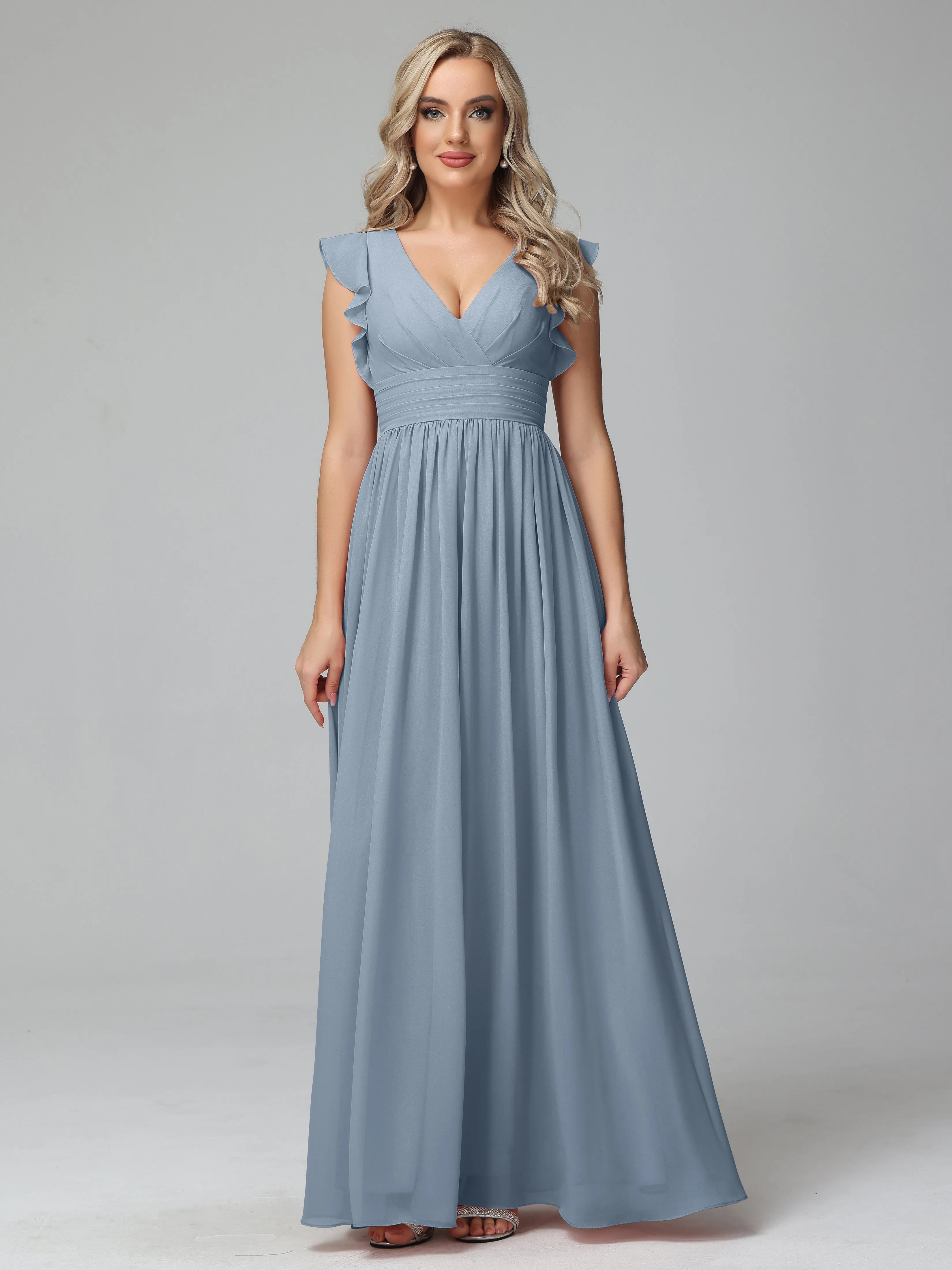 Bonnie V-Neck Chiffon Mother of the Bride Dress With Ruffle Sleeves