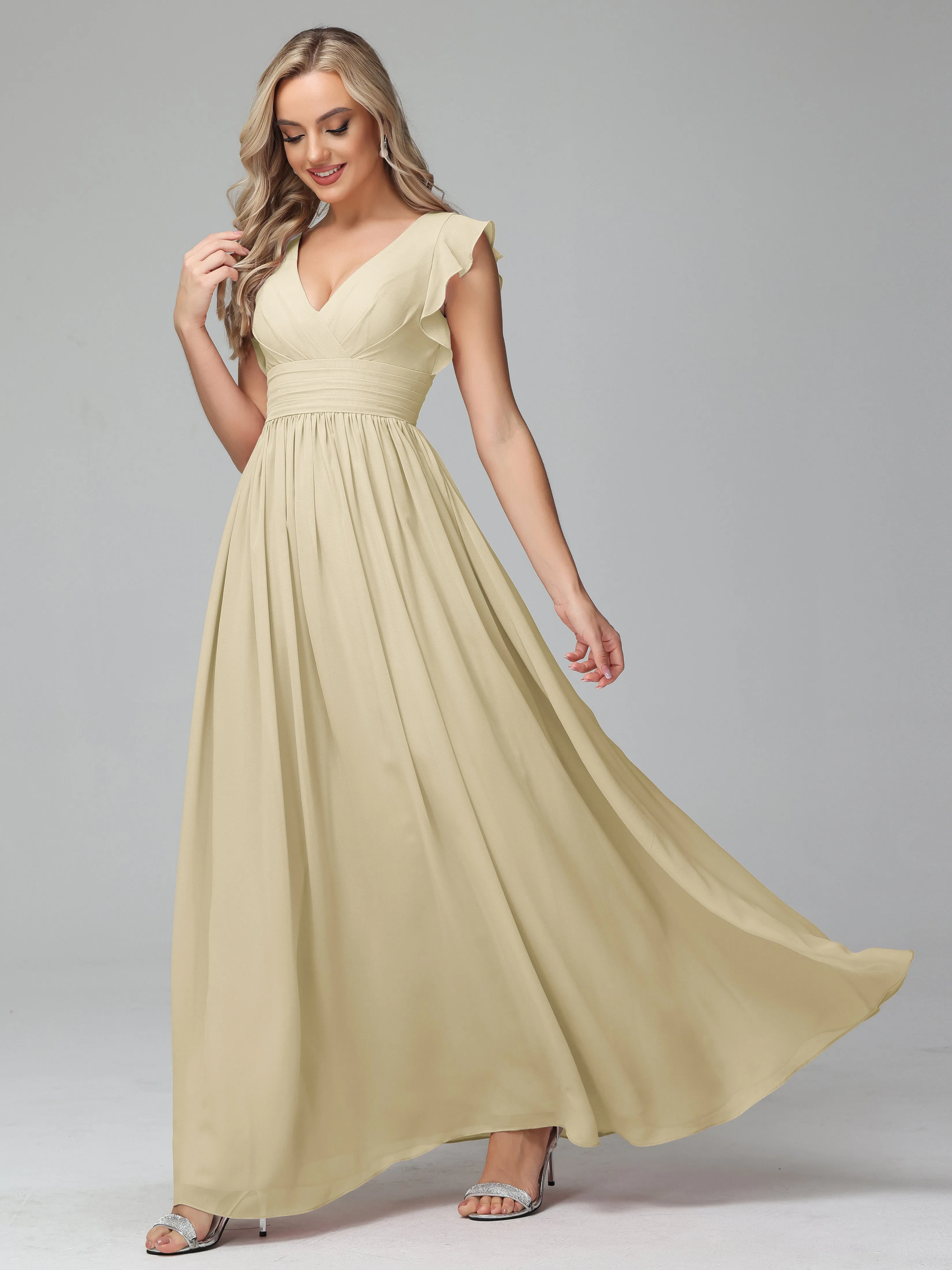 Bonnie V-Neck Chiffon Mother of the Bride Dress With Ruffle Sleeves