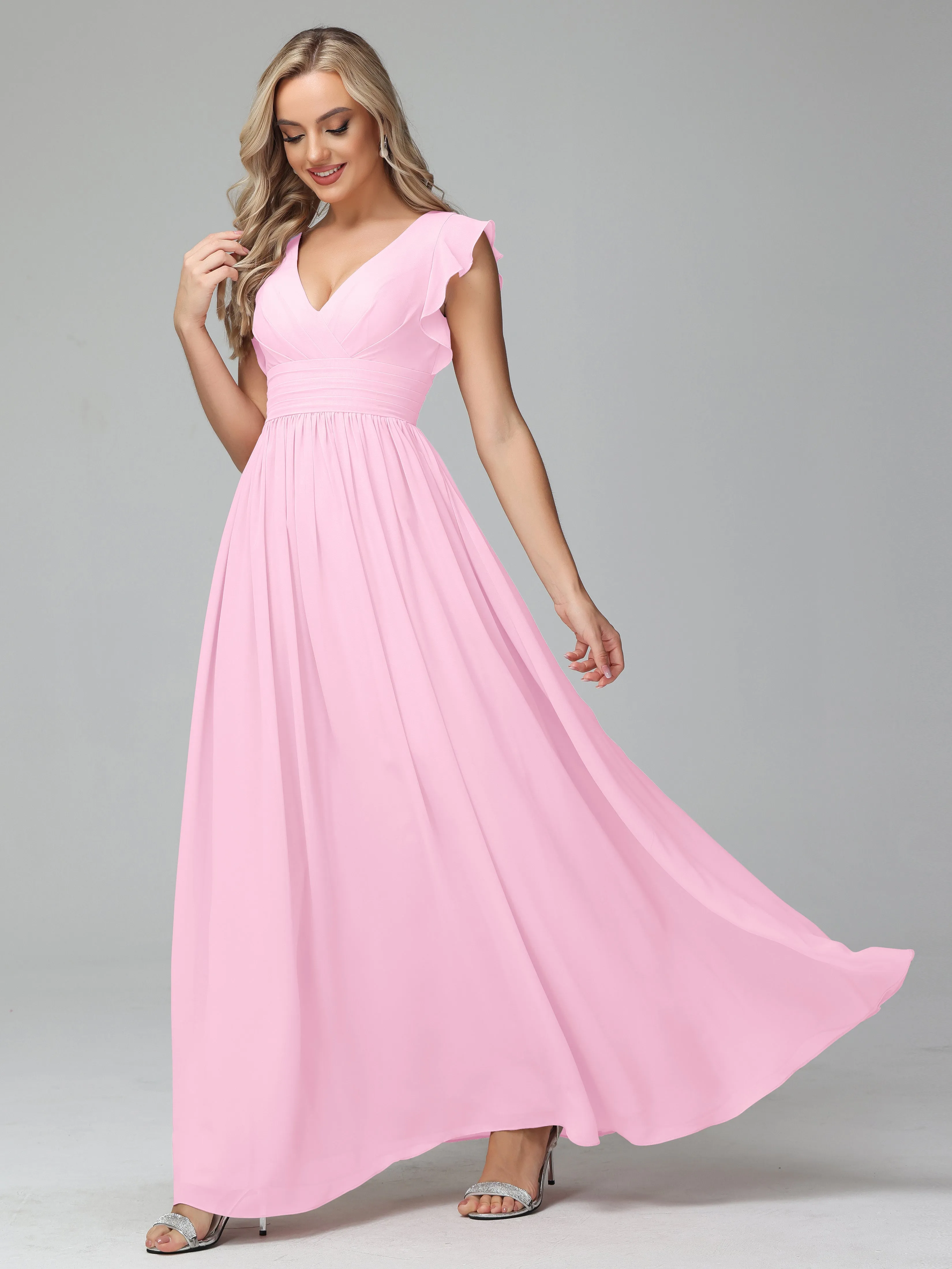 Bonnie V-Neck Chiffon Mother of the Bride Dress With Ruffle Sleeves