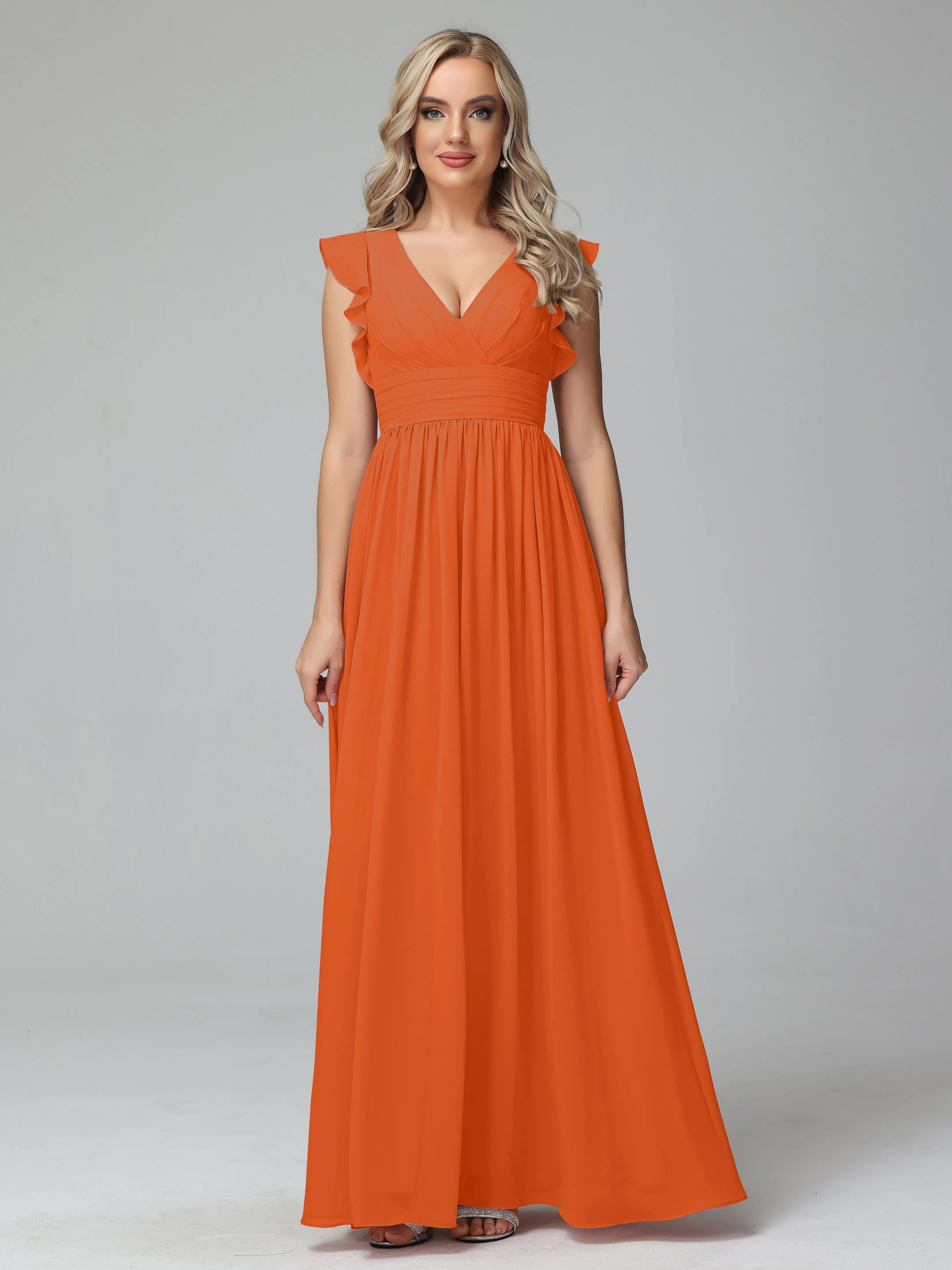 Bonnie V-Neck Chiffon Mother of the Bride Dress With Ruffle Sleeves