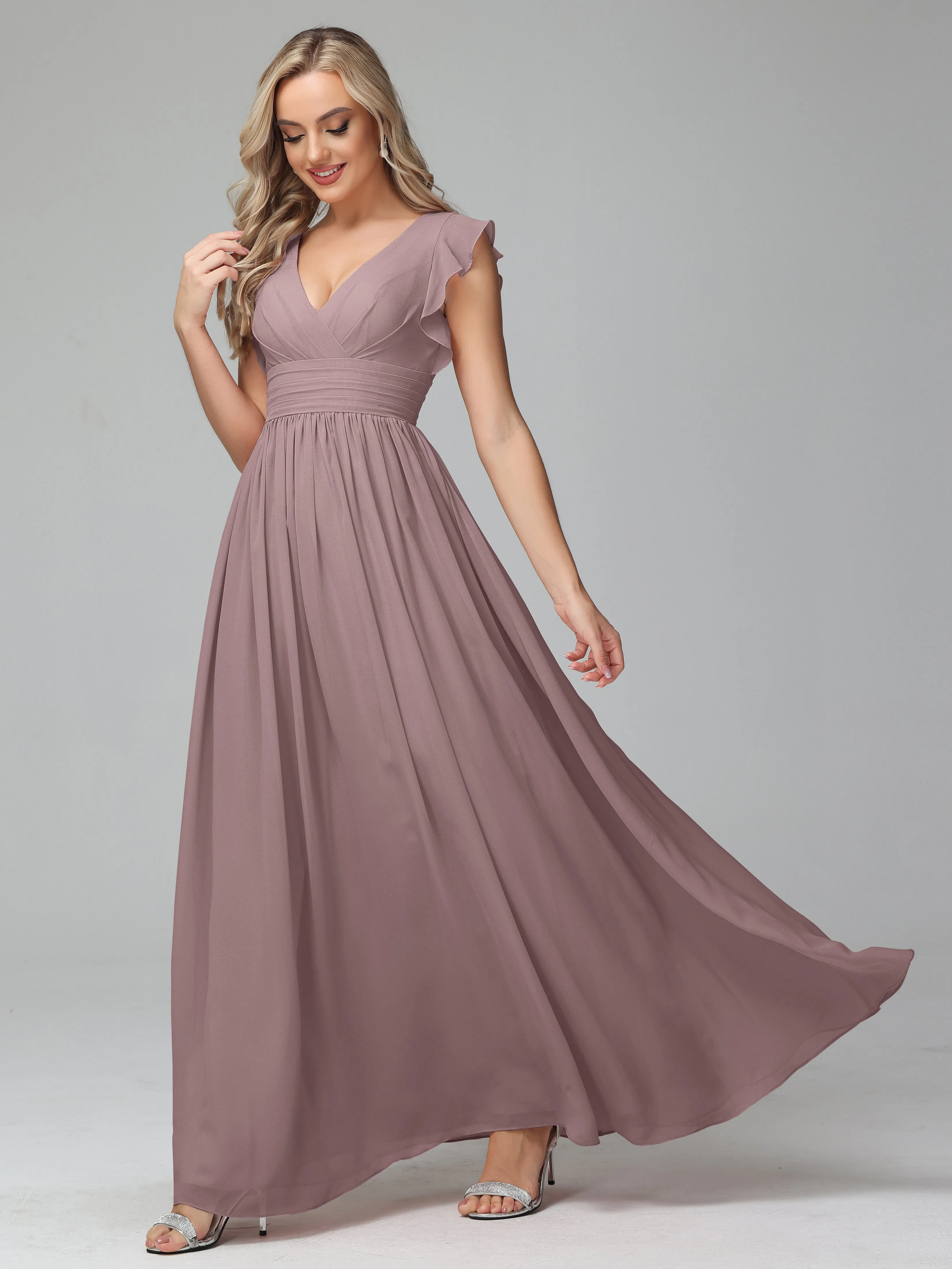 Bonnie V-Neck Chiffon Mother of the Bride Dress With Ruffle Sleeves