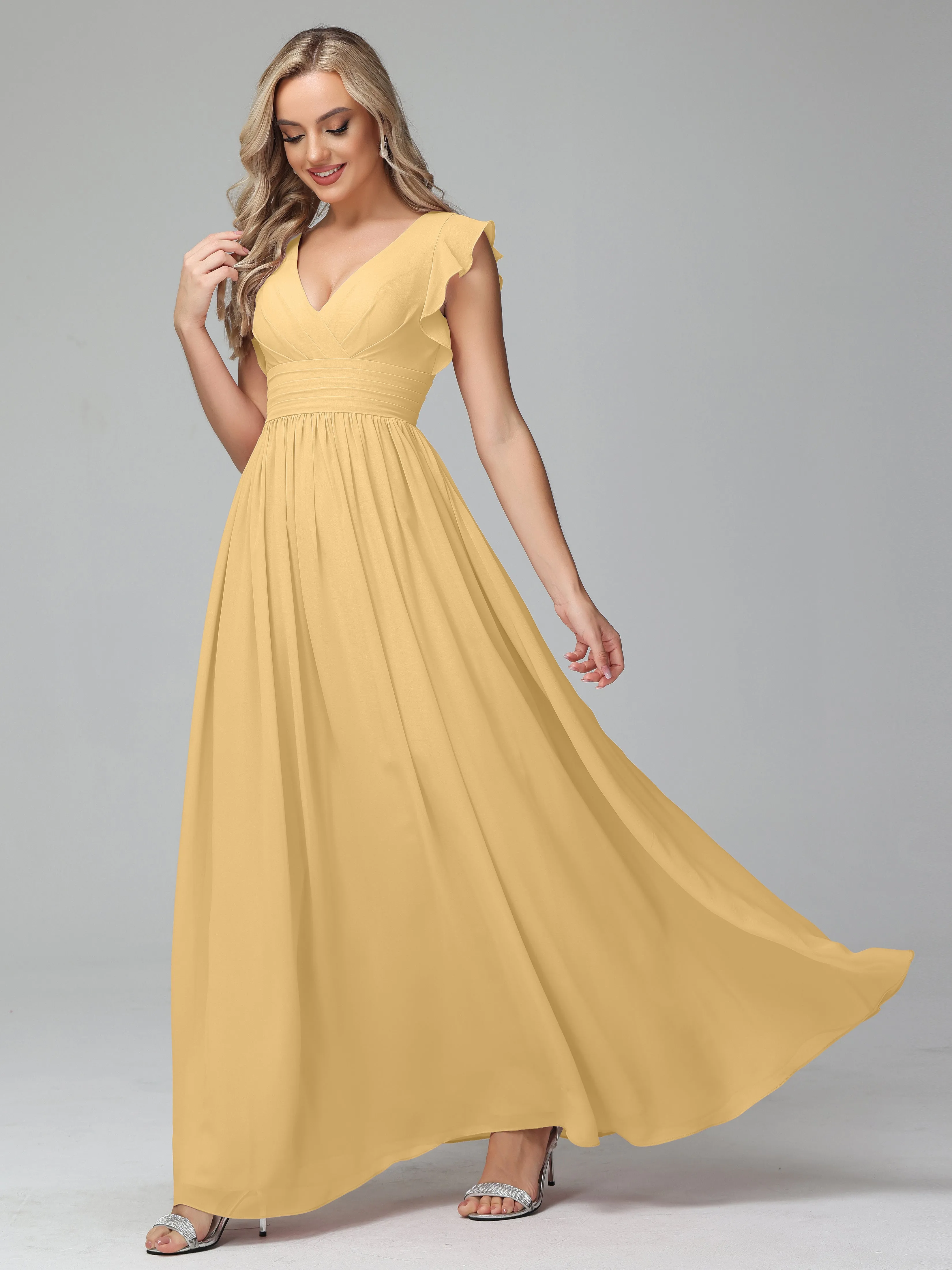 Bonnie V-Neck Chiffon Mother of the Bride Dress With Ruffle Sleeves