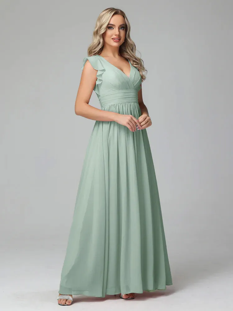 Bonnie V-Neck Chiffon Mother of the Bride Dress With Ruffle Sleeves