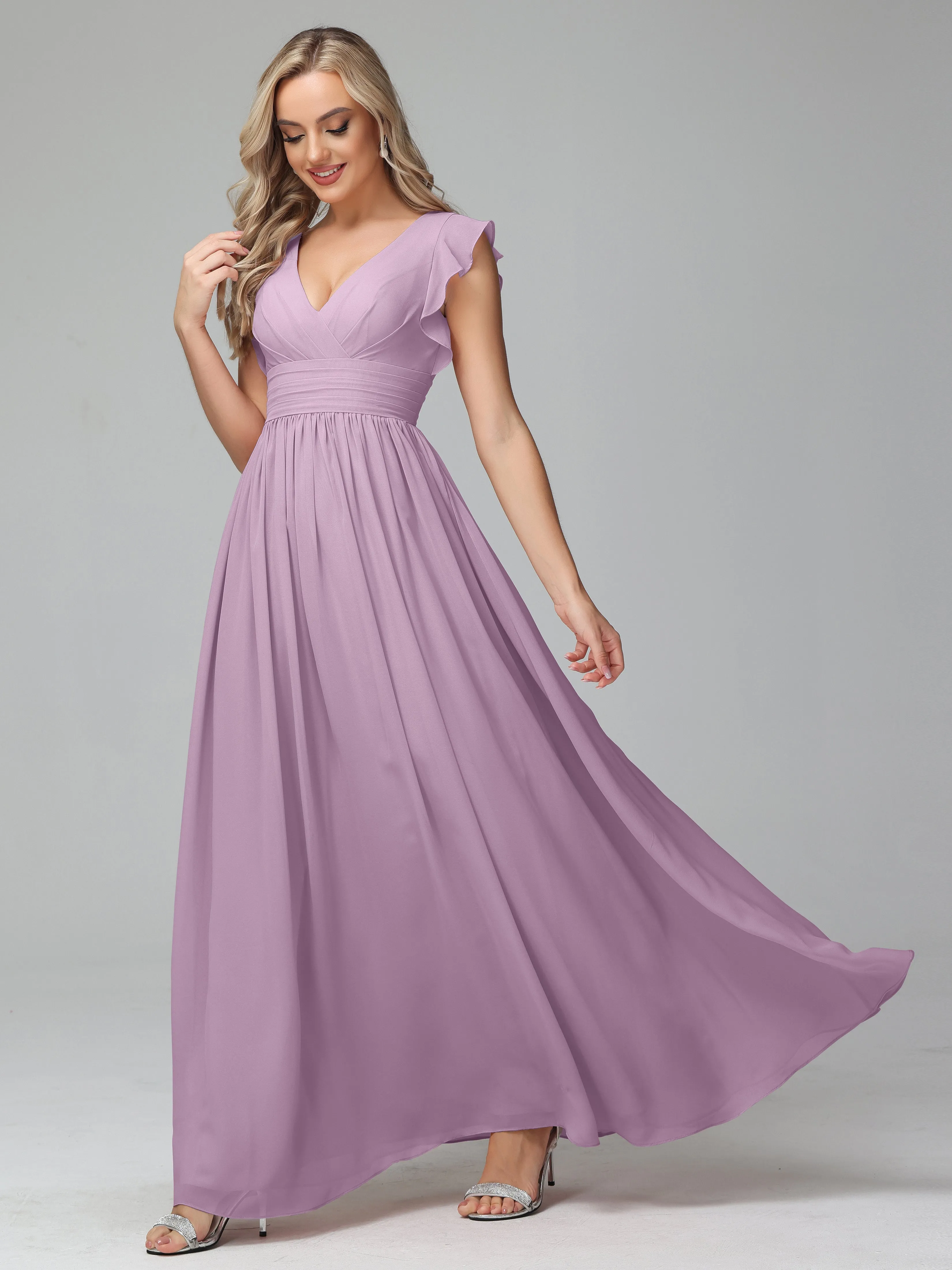 Bonnie V-Neck Chiffon Mother of the Bride Dress With Ruffle Sleeves