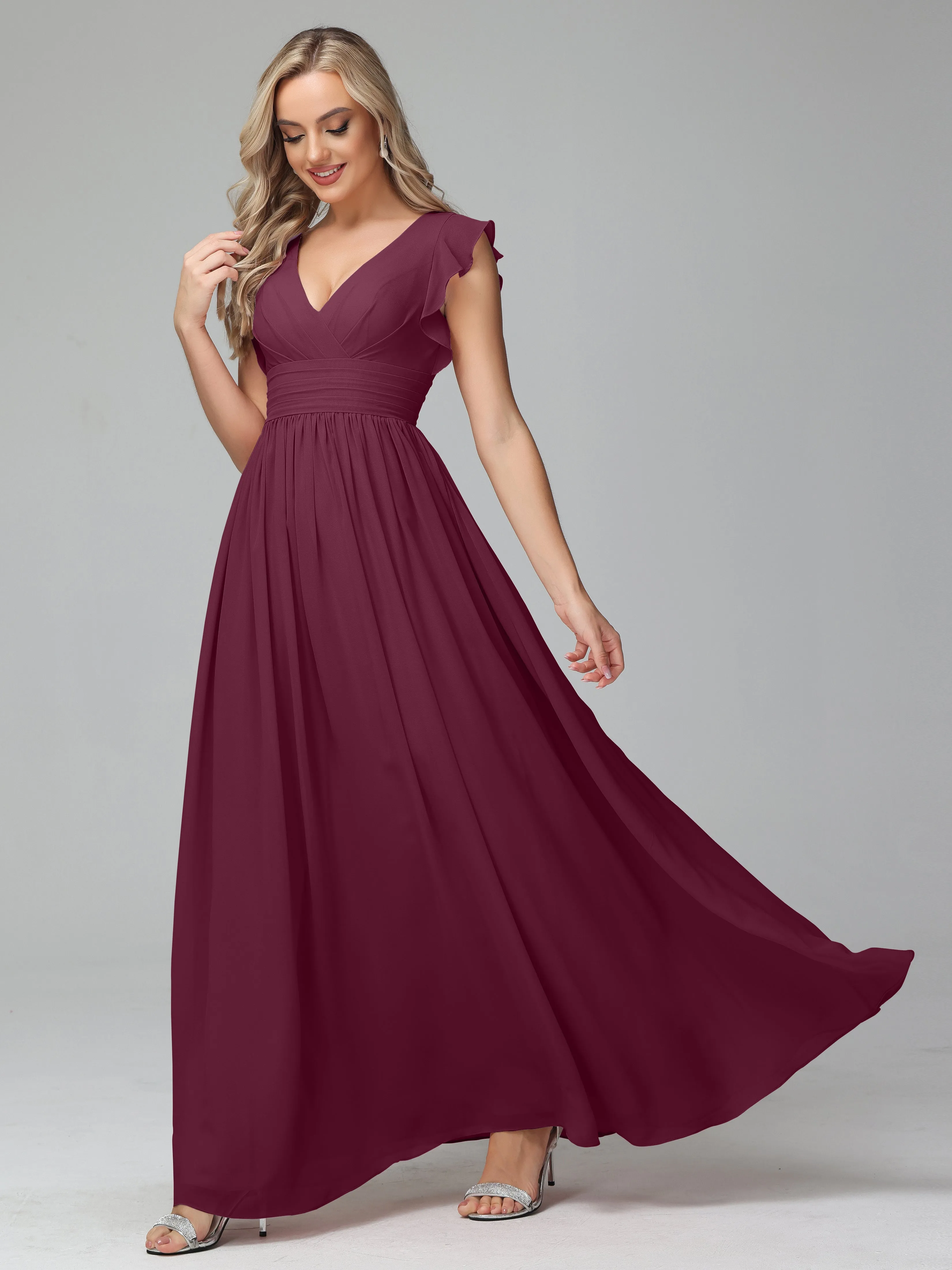 Bonnie V-Neck Chiffon Mother of the Bride Dress With Ruffle Sleeves