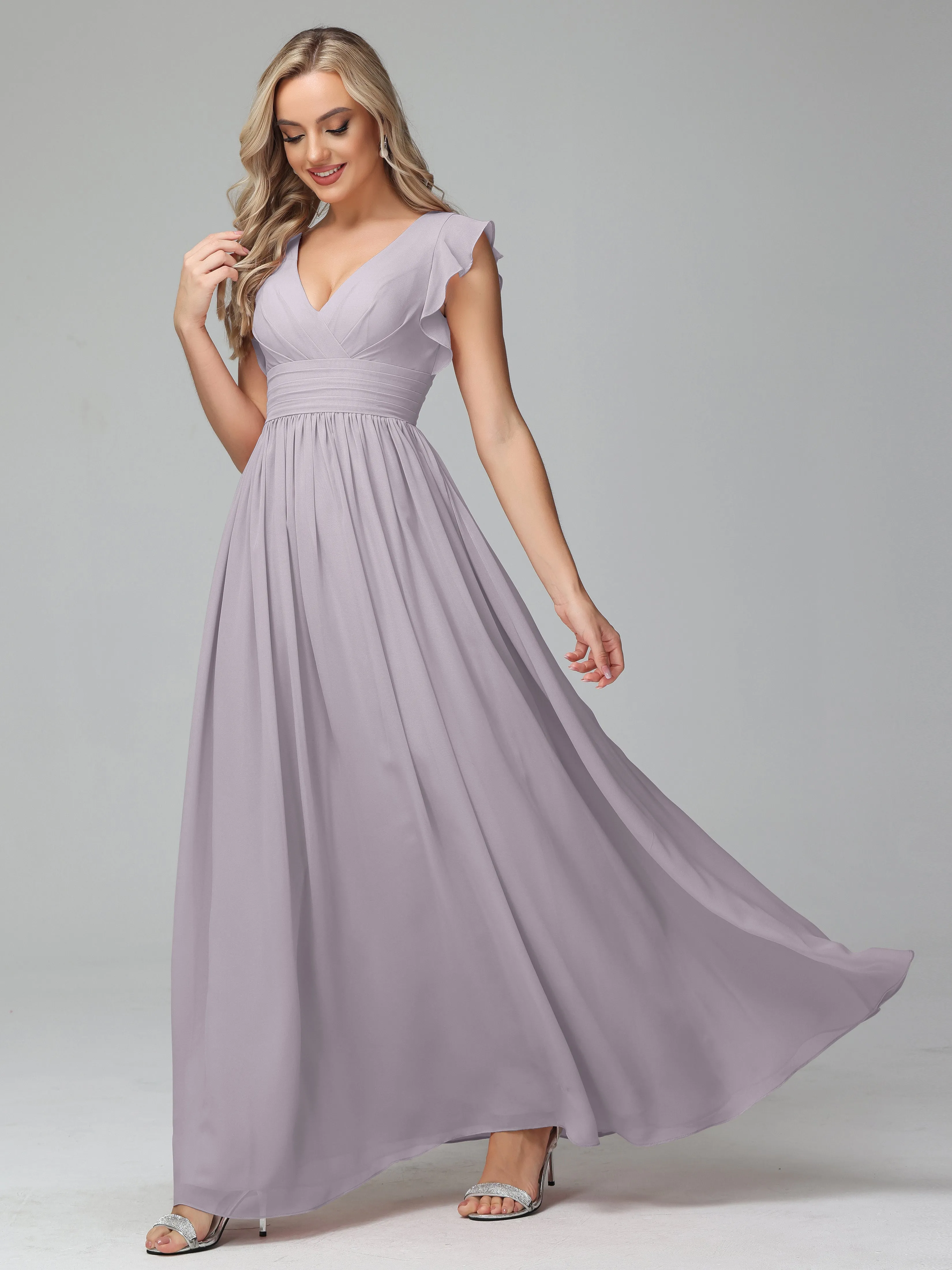 Bonnie V-Neck Chiffon Mother of the Bride Dress With Ruffle Sleeves