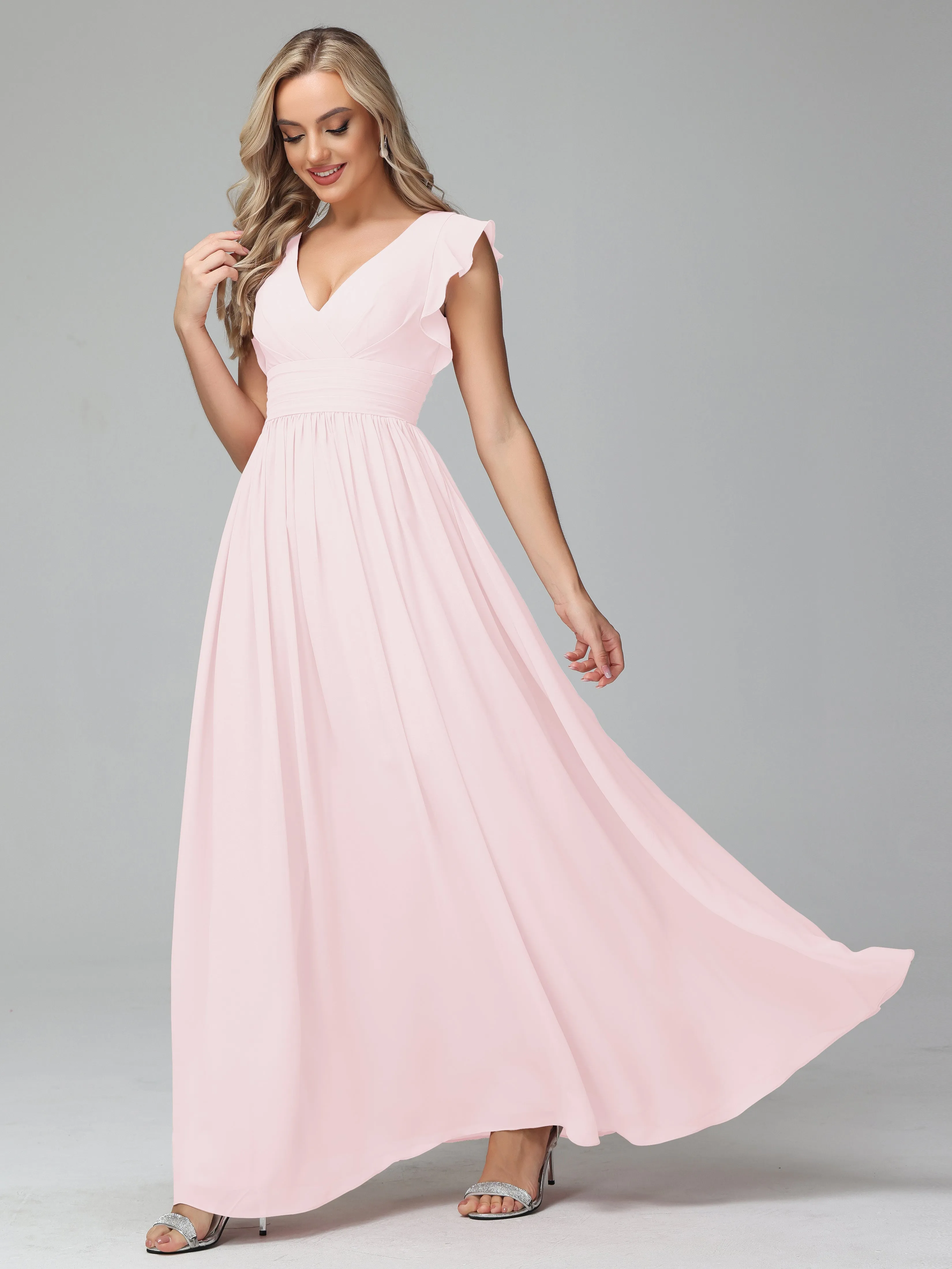 Bonnie V-Neck Chiffon Mother of the Bride Dress With Ruffle Sleeves