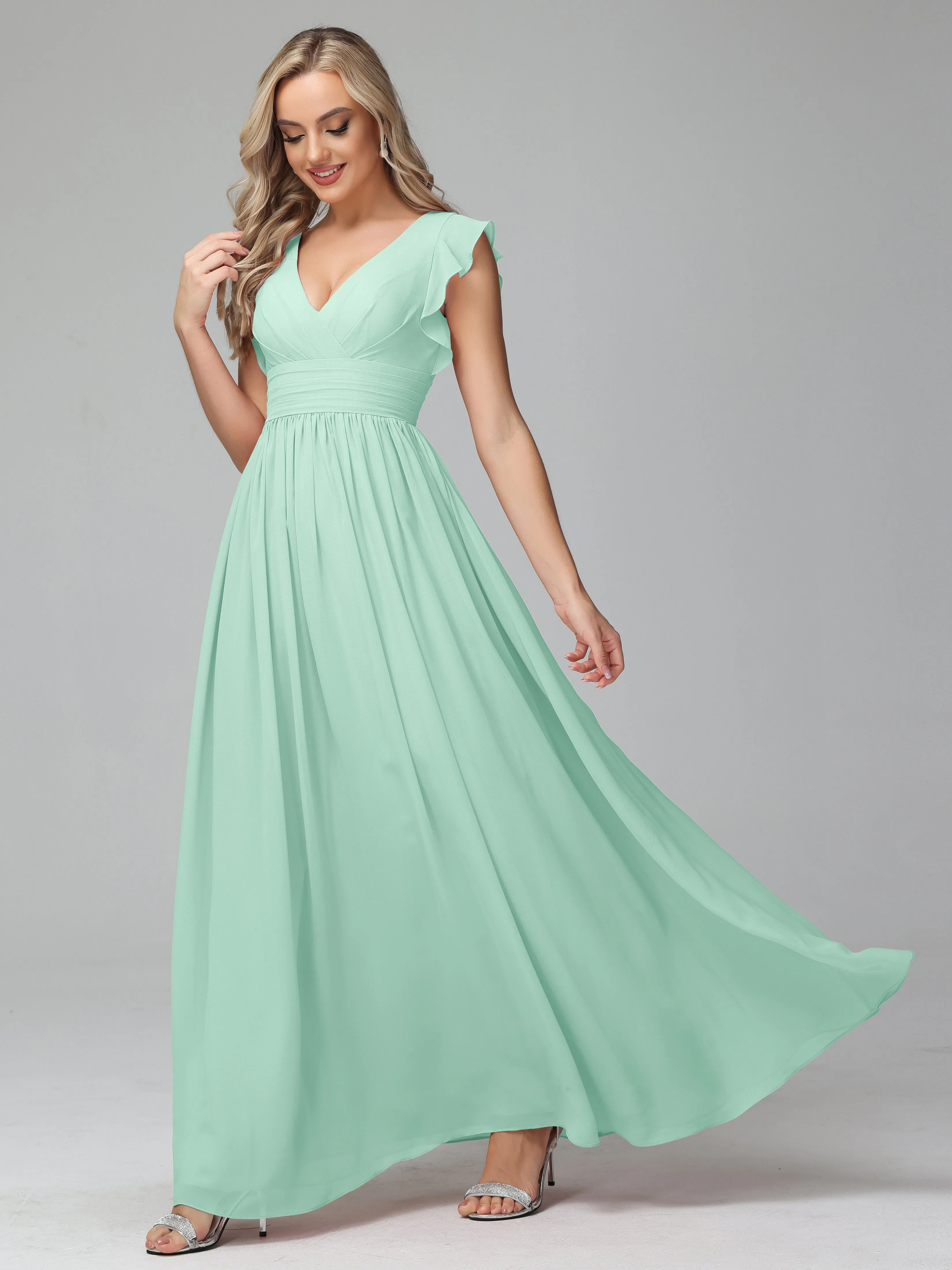 Bonnie V-Neck Chiffon Mother of the Bride Dress With Ruffle Sleeves