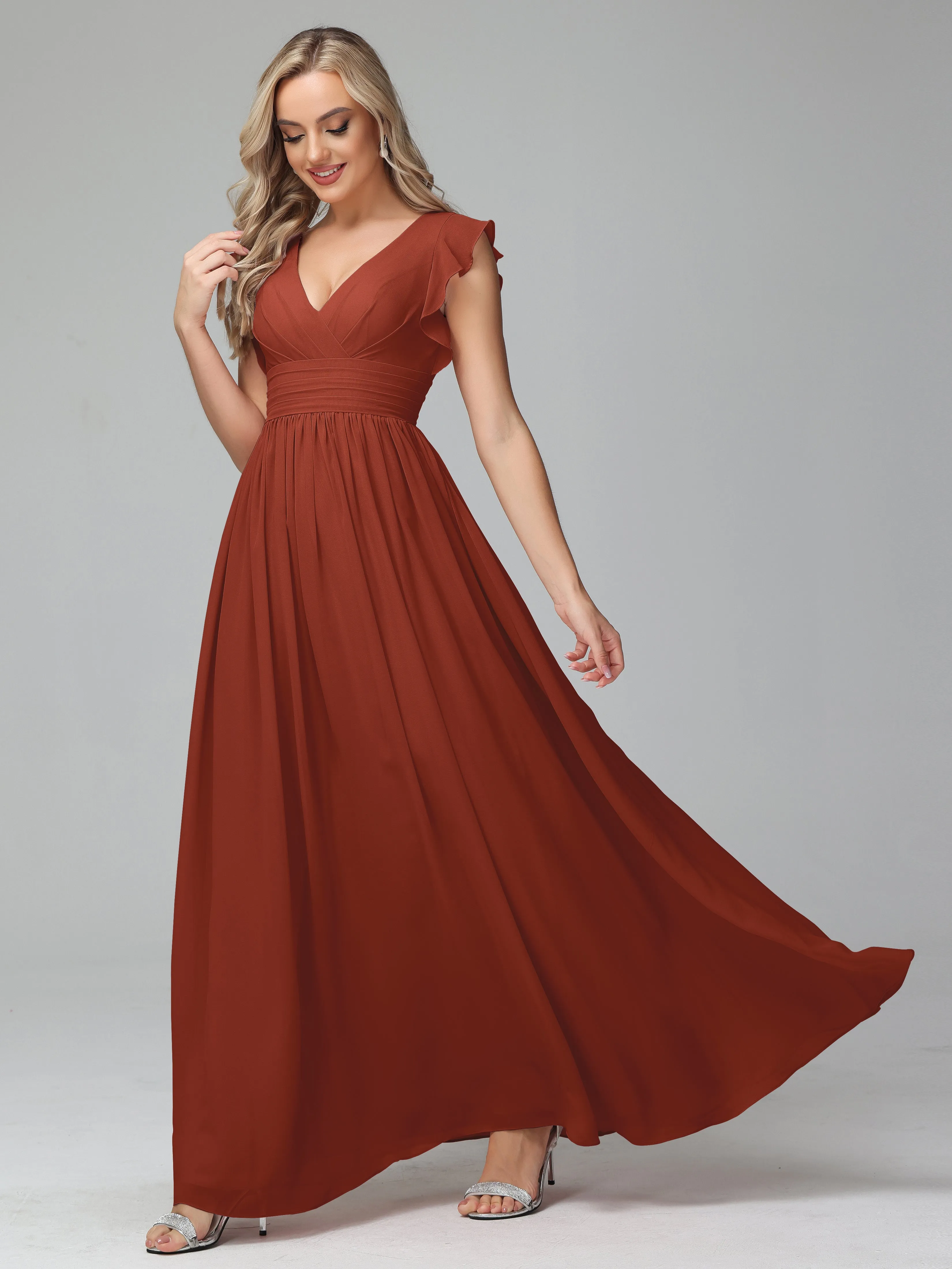 Bonnie V-Neck Chiffon Mother of the Bride Dress With Ruffle Sleeves