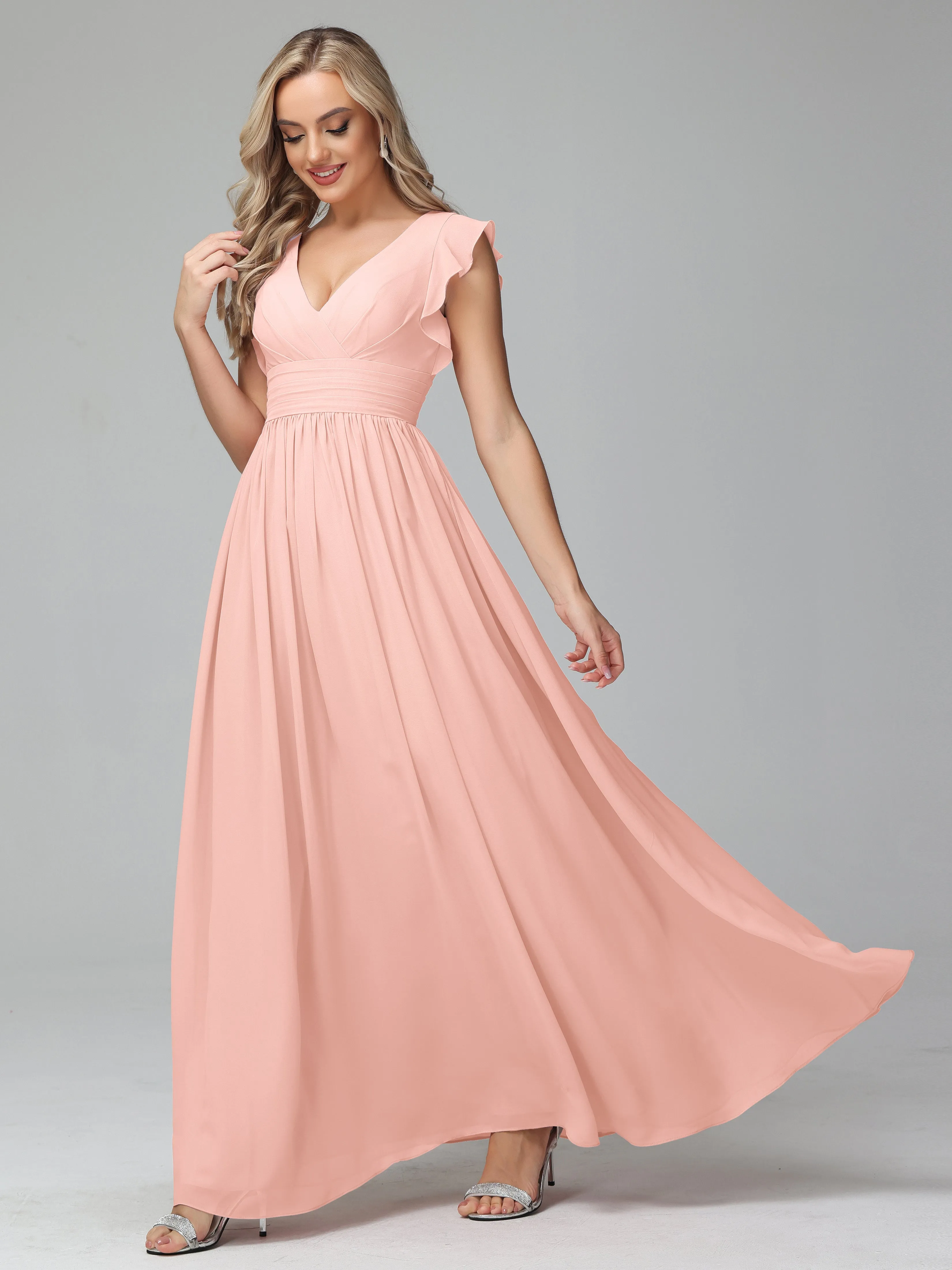 Bonnie V-Neck Chiffon Mother of the Bride Dress With Ruffle Sleeves