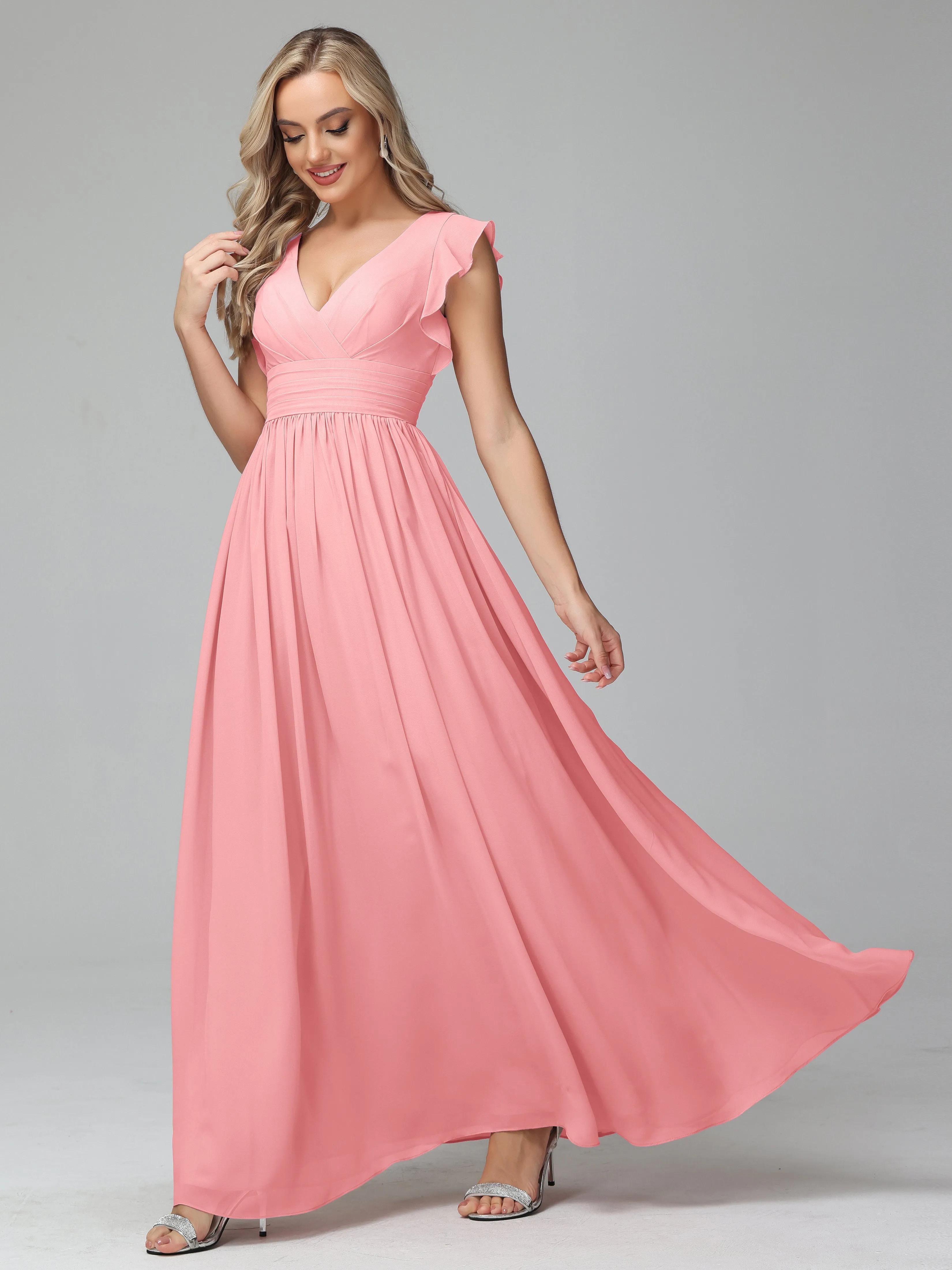 Bonnie V-Neck Chiffon Mother of the Bride Dress With Ruffle Sleeves