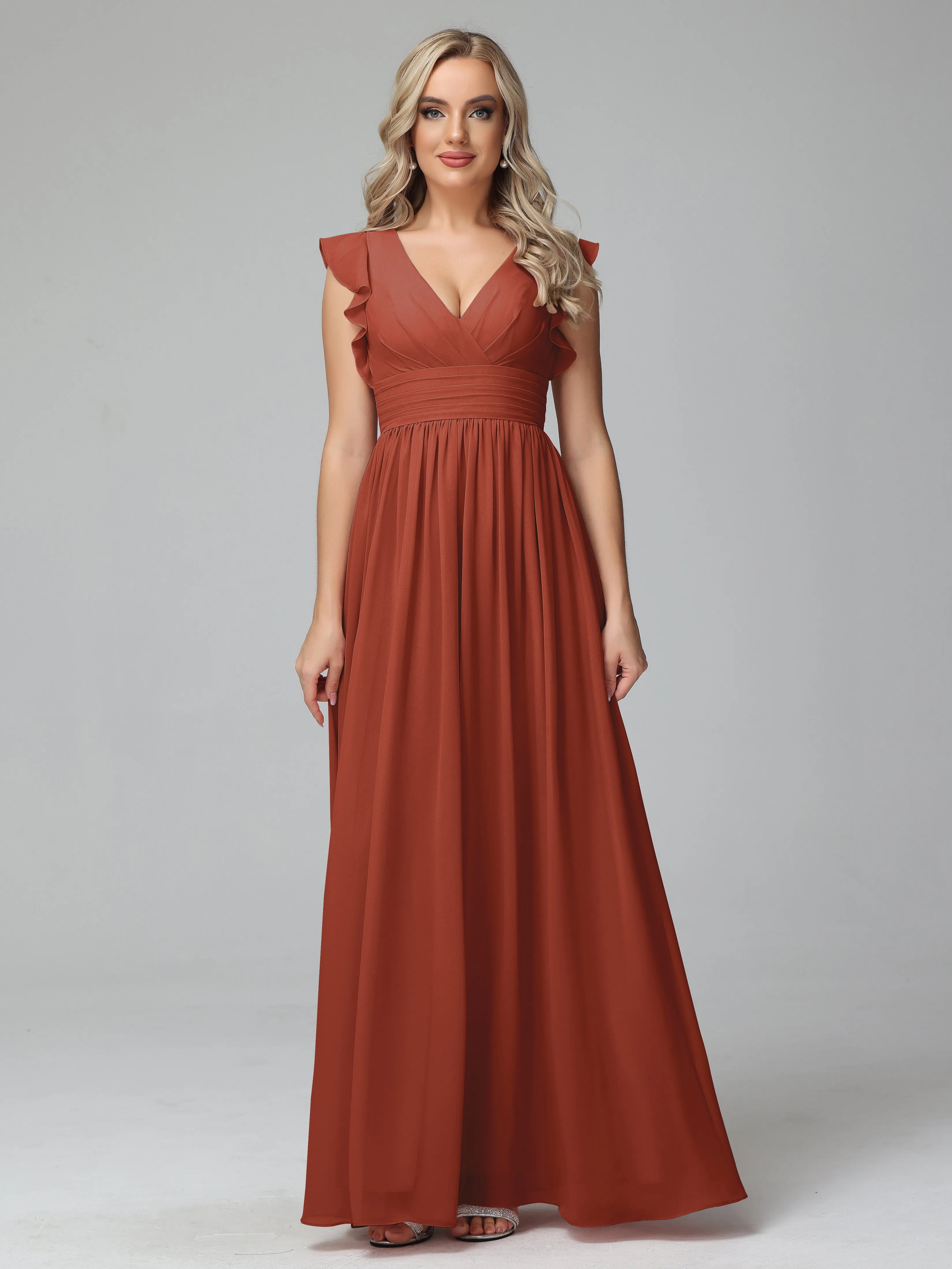 Bonnie V-Neck Chiffon Mother of the Bride Dress With Ruffle Sleeves