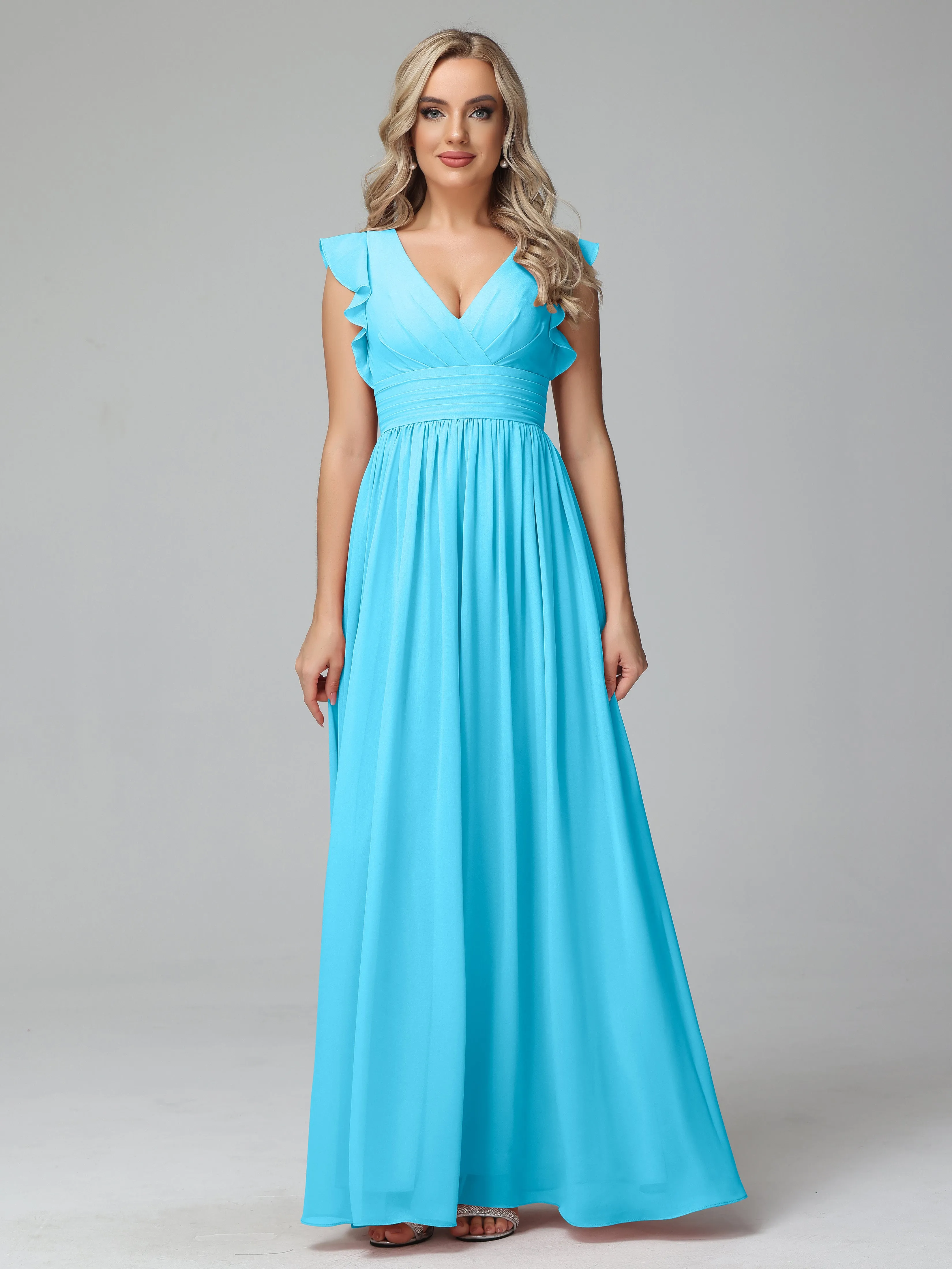 Bonnie V-Neck Chiffon Mother of the Bride Dress With Ruffle Sleeves