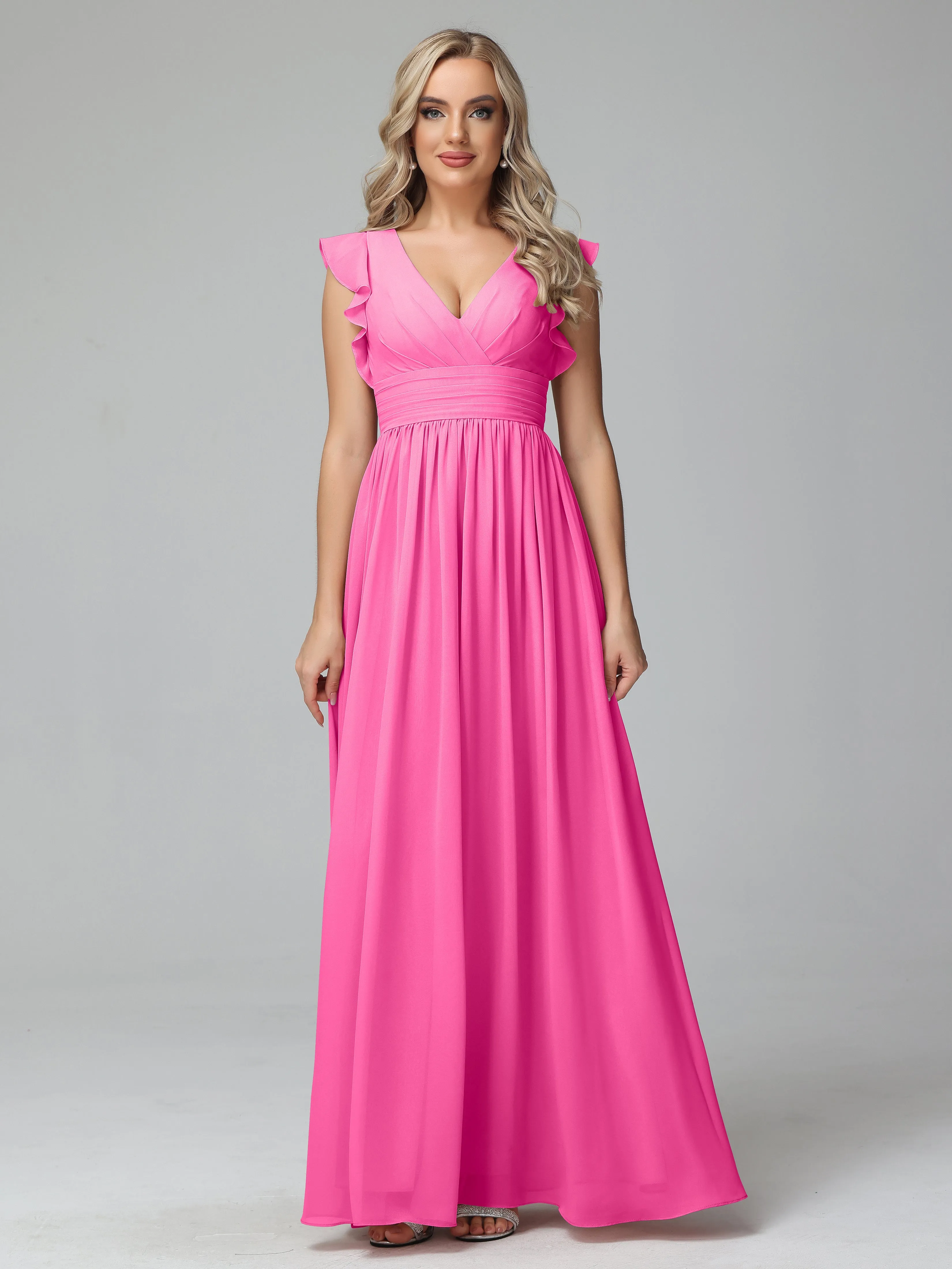 Bonnie V-Neck Chiffon Mother of the Bride Dress With Ruffle Sleeves