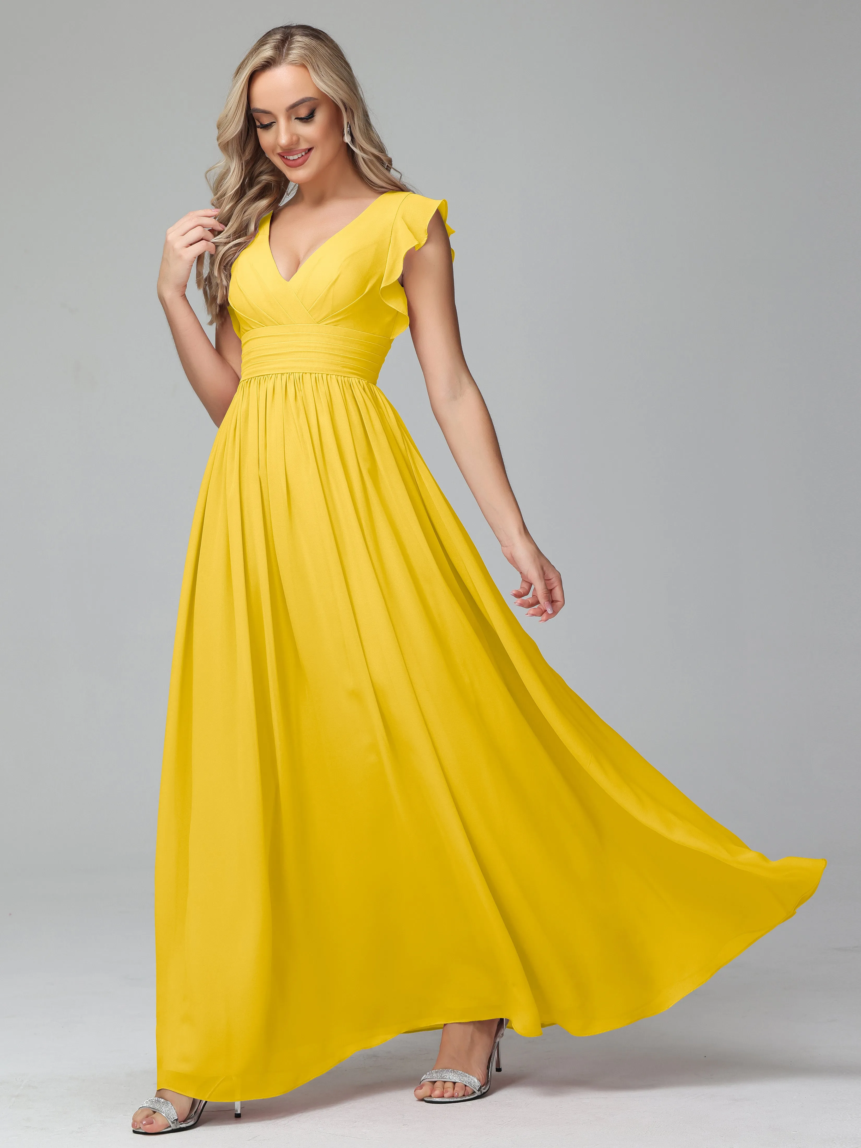 Bonnie V-Neck Chiffon Mother of the Bride Dress With Ruffle Sleeves