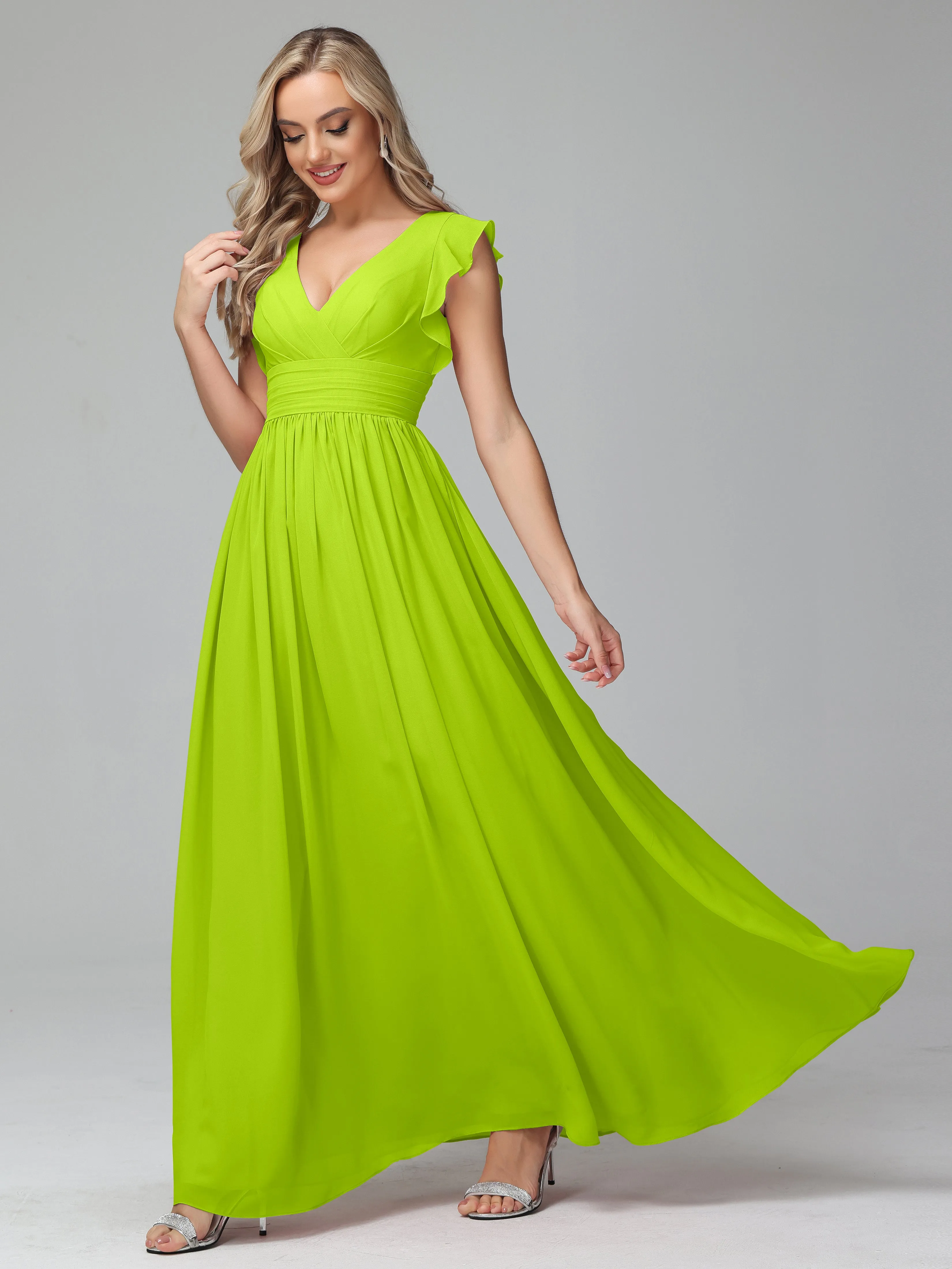 Bonnie V-Neck Chiffon Mother of the Bride Dress With Ruffle Sleeves