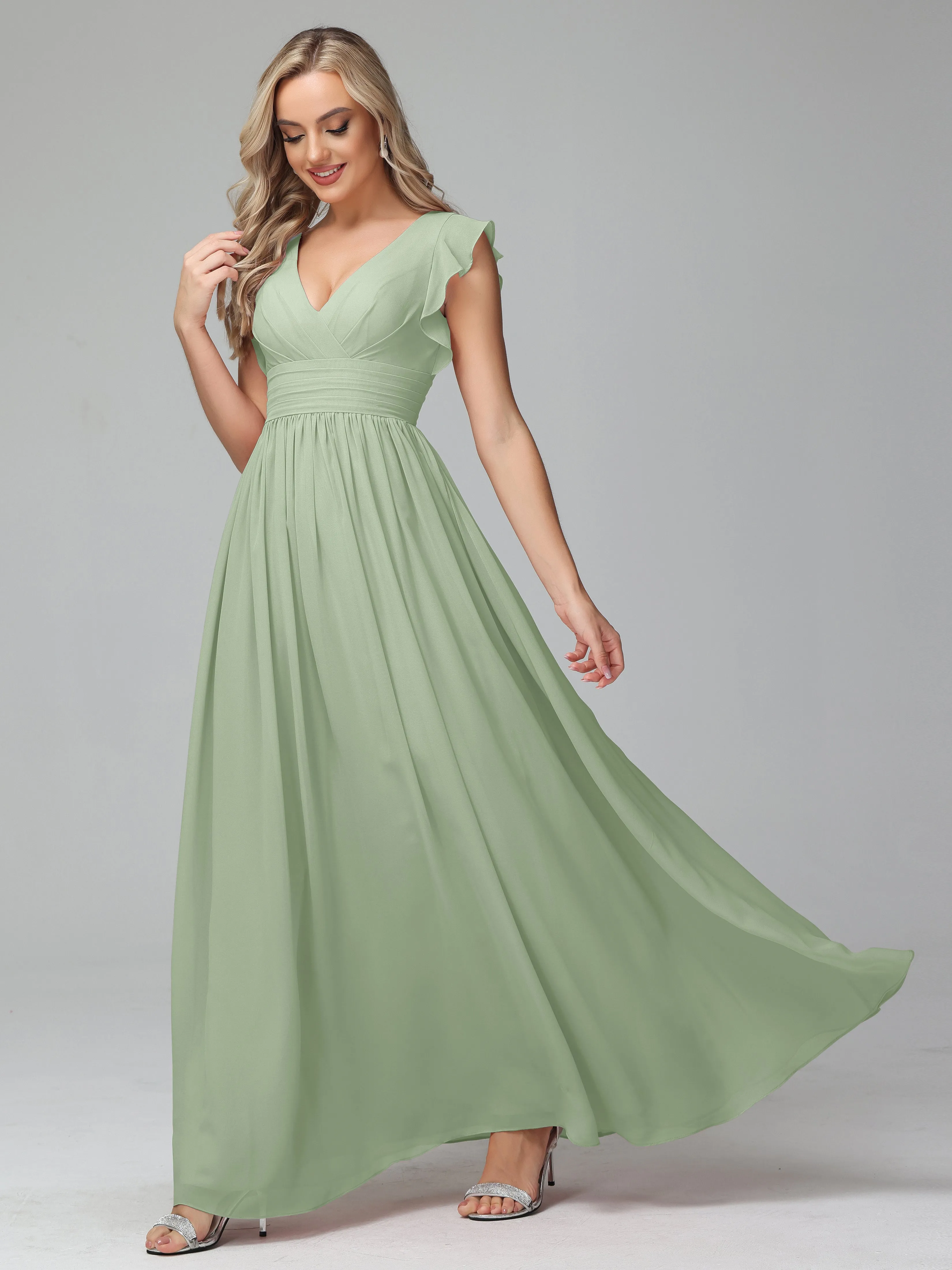 Bonnie V-Neck Chiffon Mother of the Bride Dress With Ruffle Sleeves
