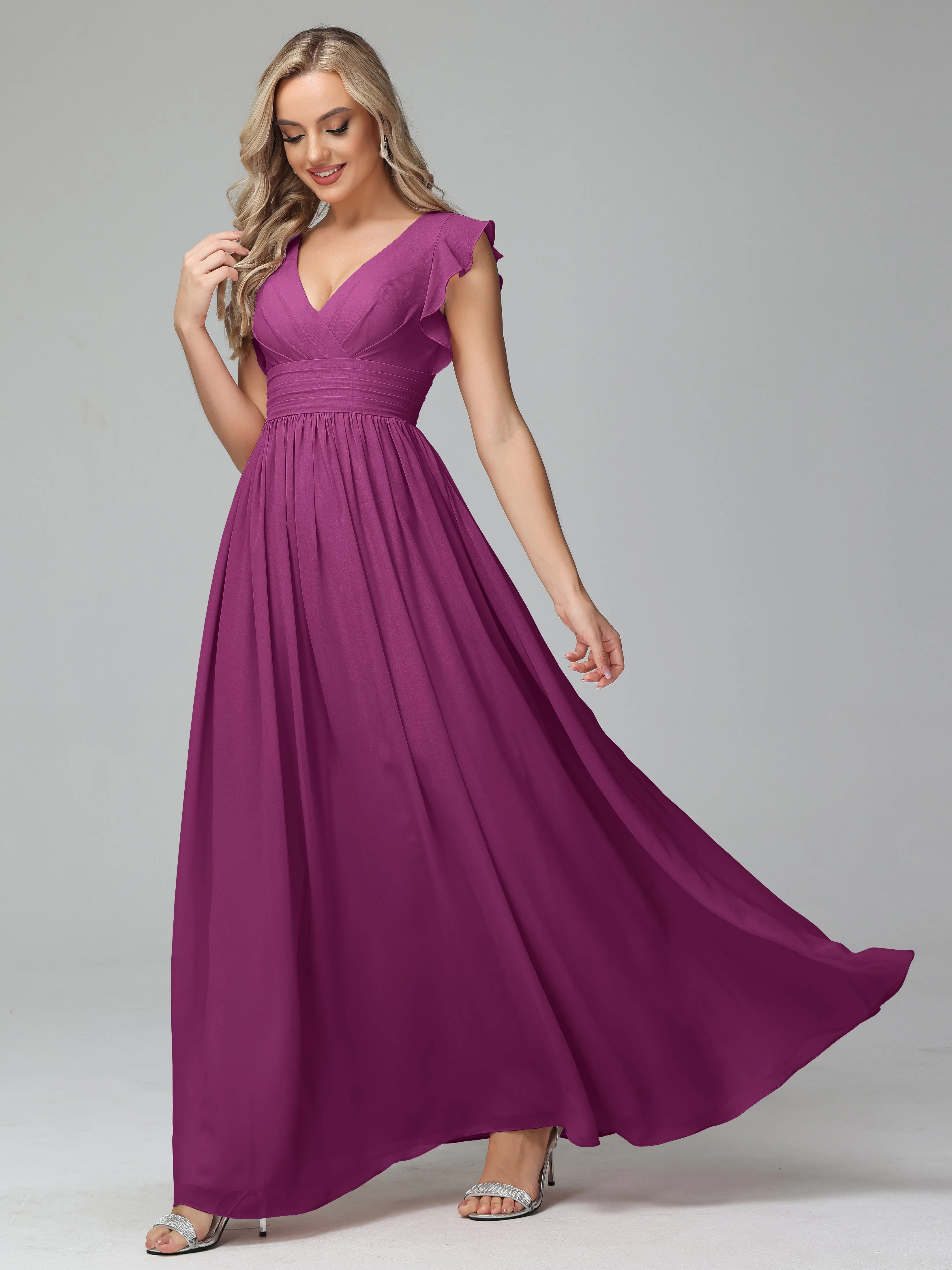 Bonnie V-Neck Chiffon Mother of the Bride Dress With Ruffle Sleeves