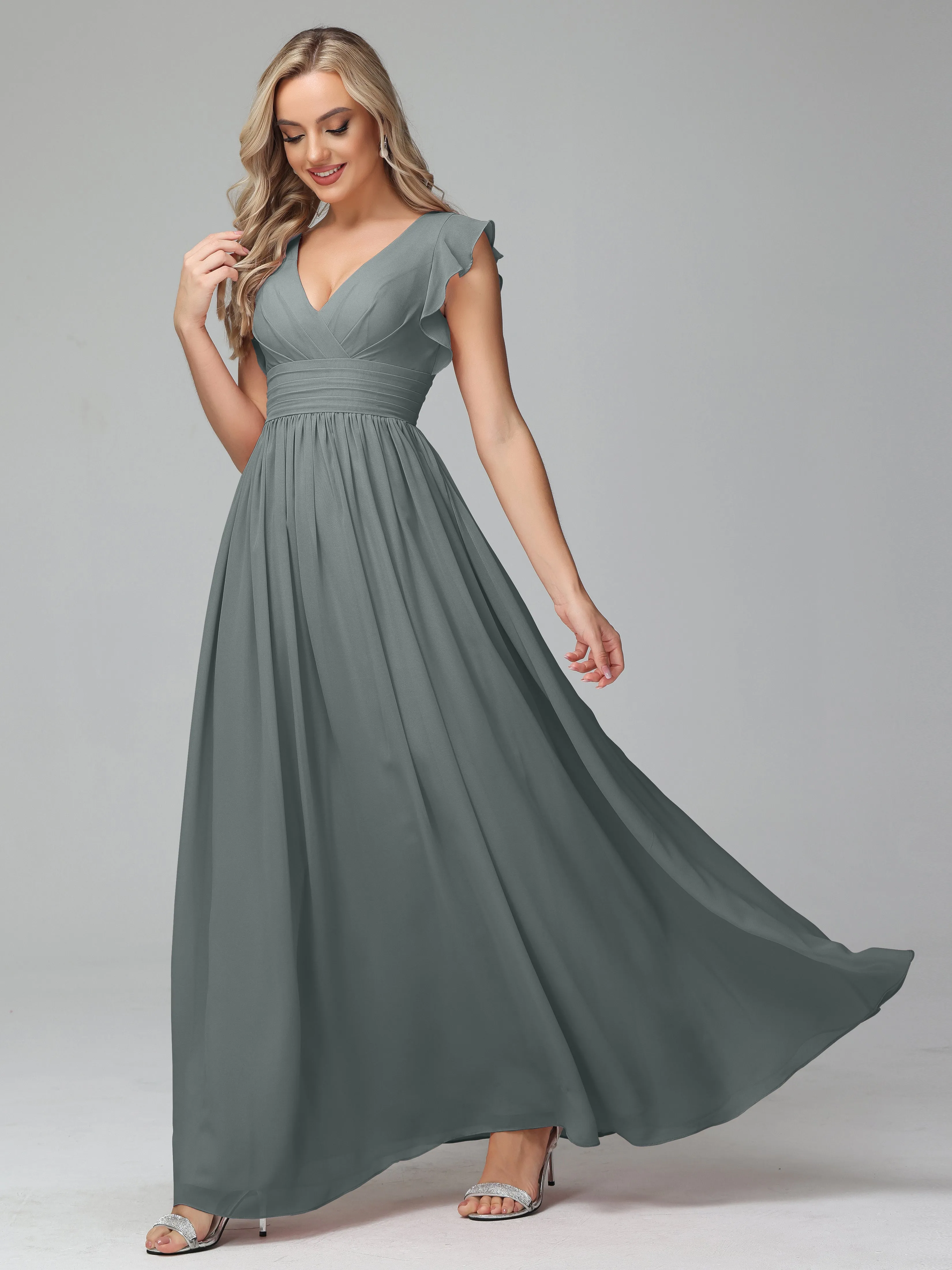 Bonnie V-Neck Chiffon Mother of the Bride Dress With Ruffle Sleeves