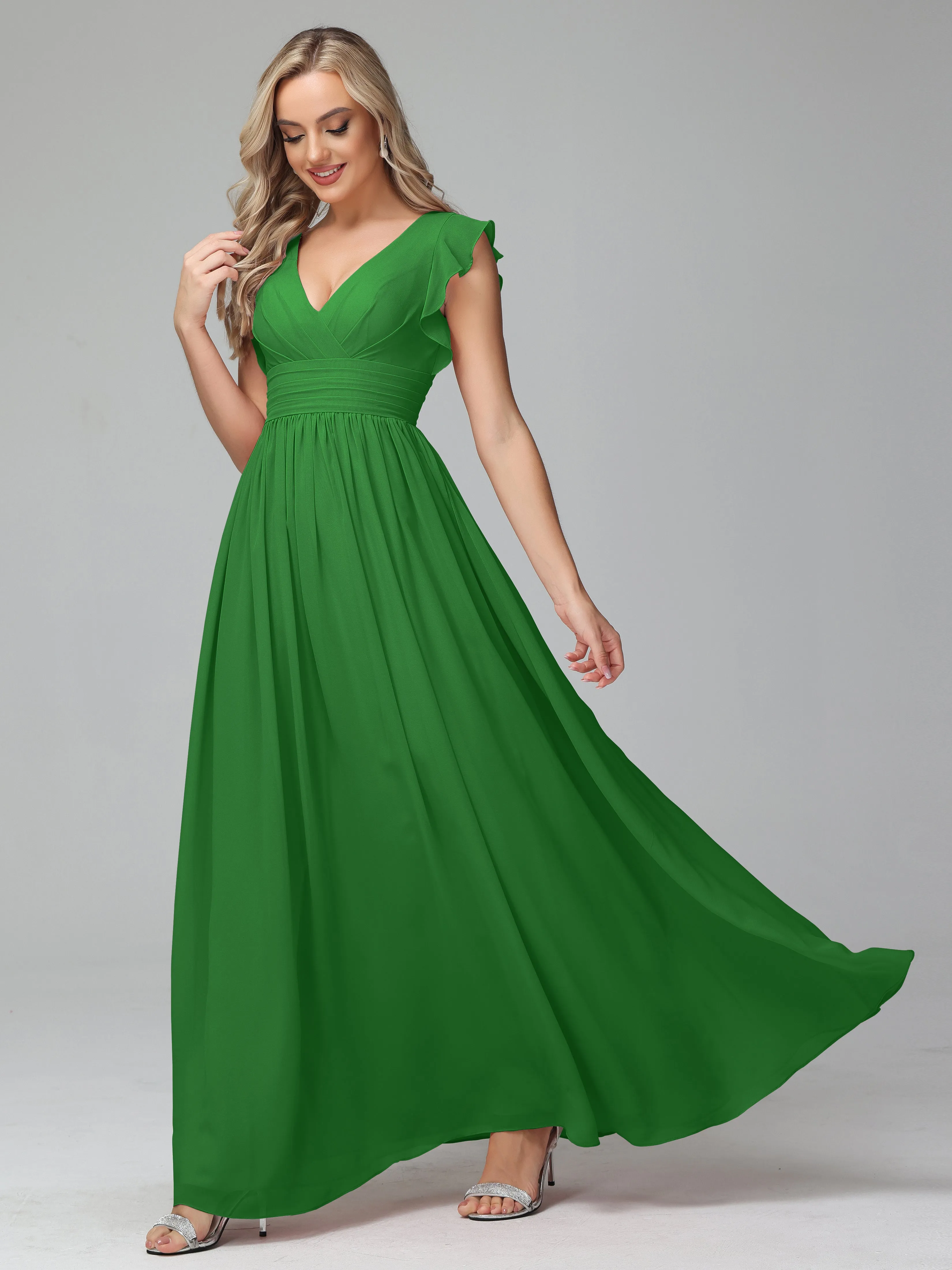 Bonnie V-Neck Chiffon Mother of the Bride Dress With Ruffle Sleeves