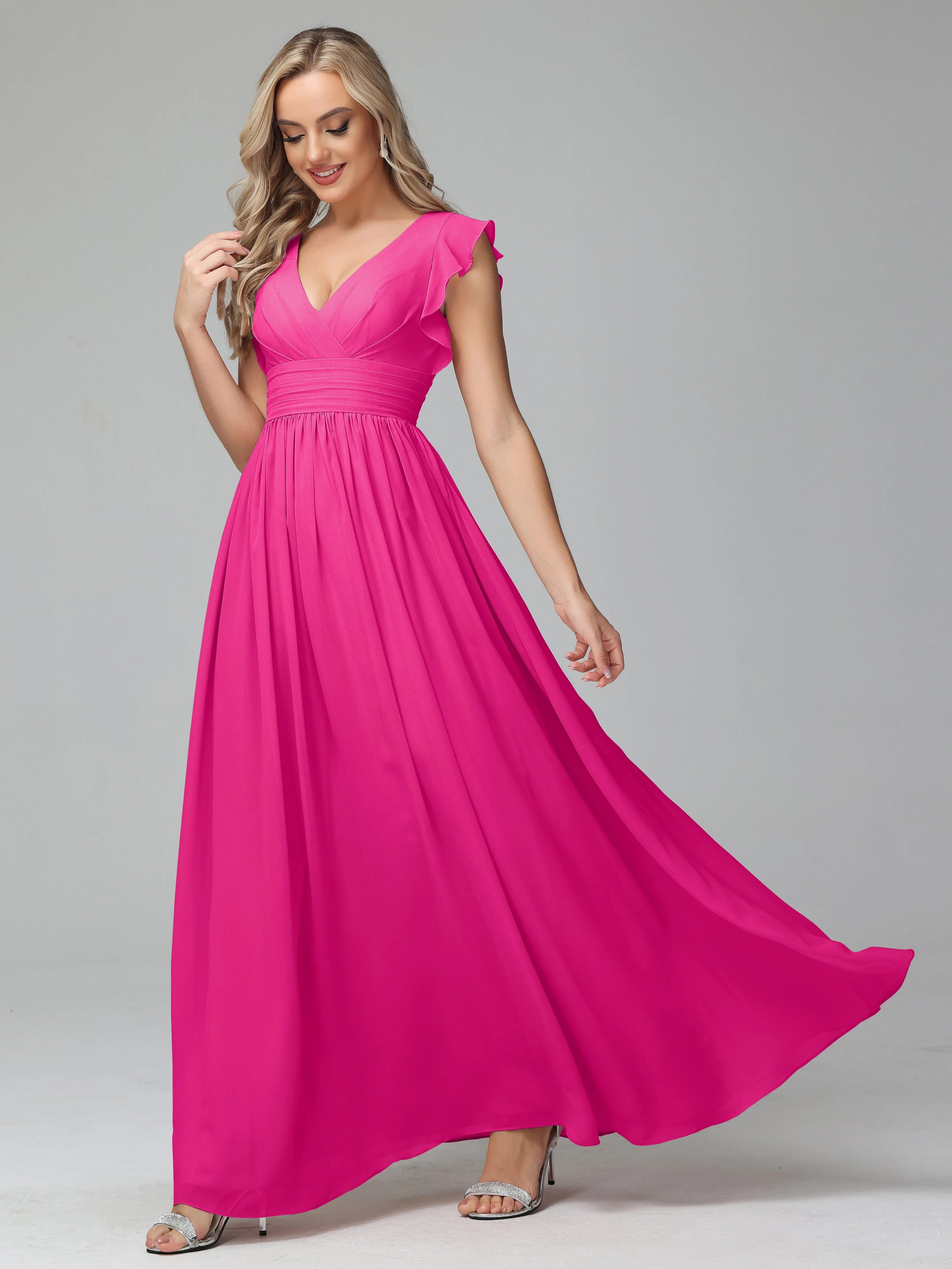 Bonnie V-Neck Chiffon Mother of the Bride Dress With Ruffle Sleeves