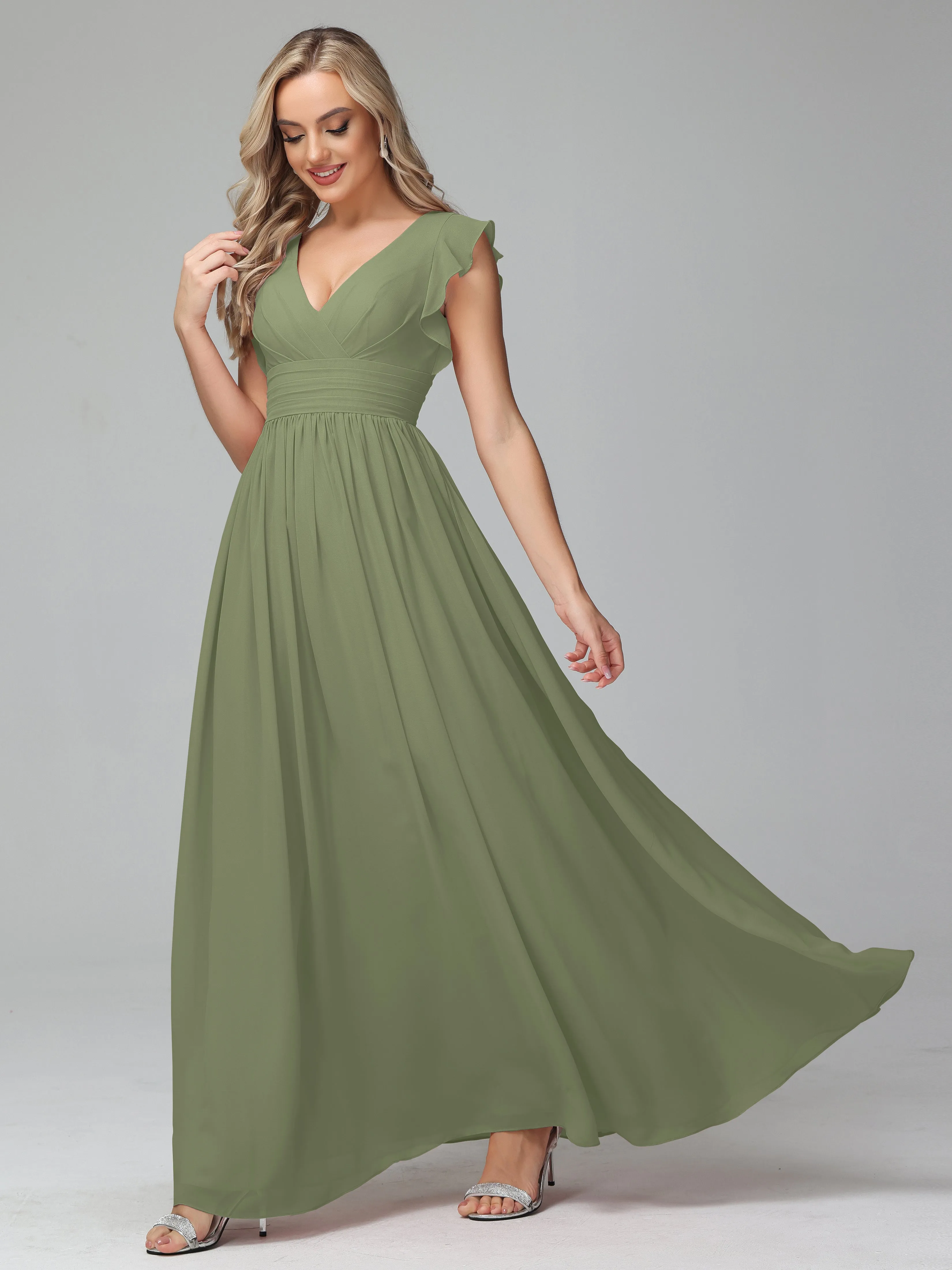 Bonnie V-Neck Chiffon Mother of the Bride Dress With Ruffle Sleeves