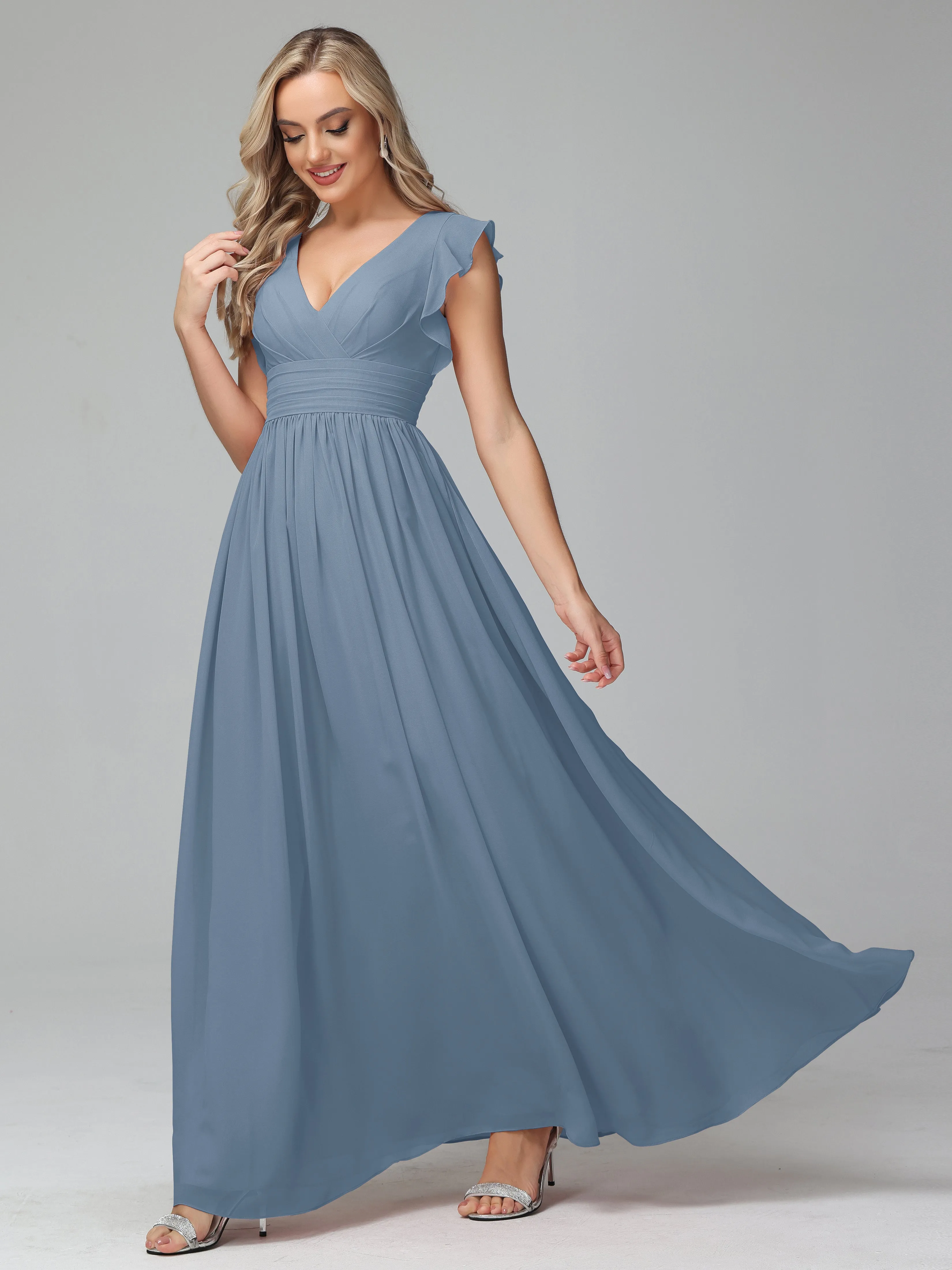 Bonnie V-Neck Chiffon Mother of the Bride Dress With Ruffle Sleeves