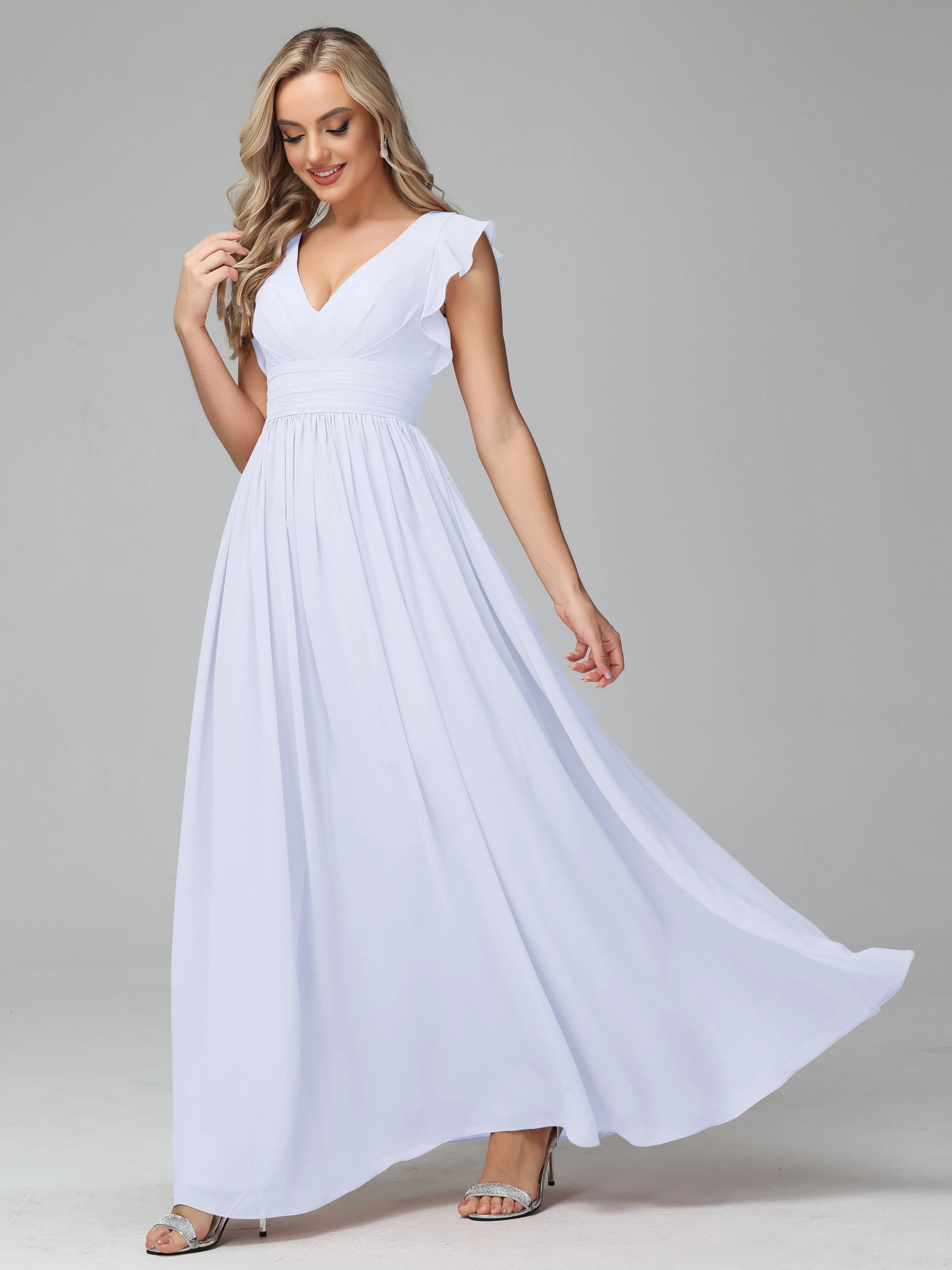 Bonnie V-Neck Chiffon Mother of the Bride Dress With Ruffle Sleeves