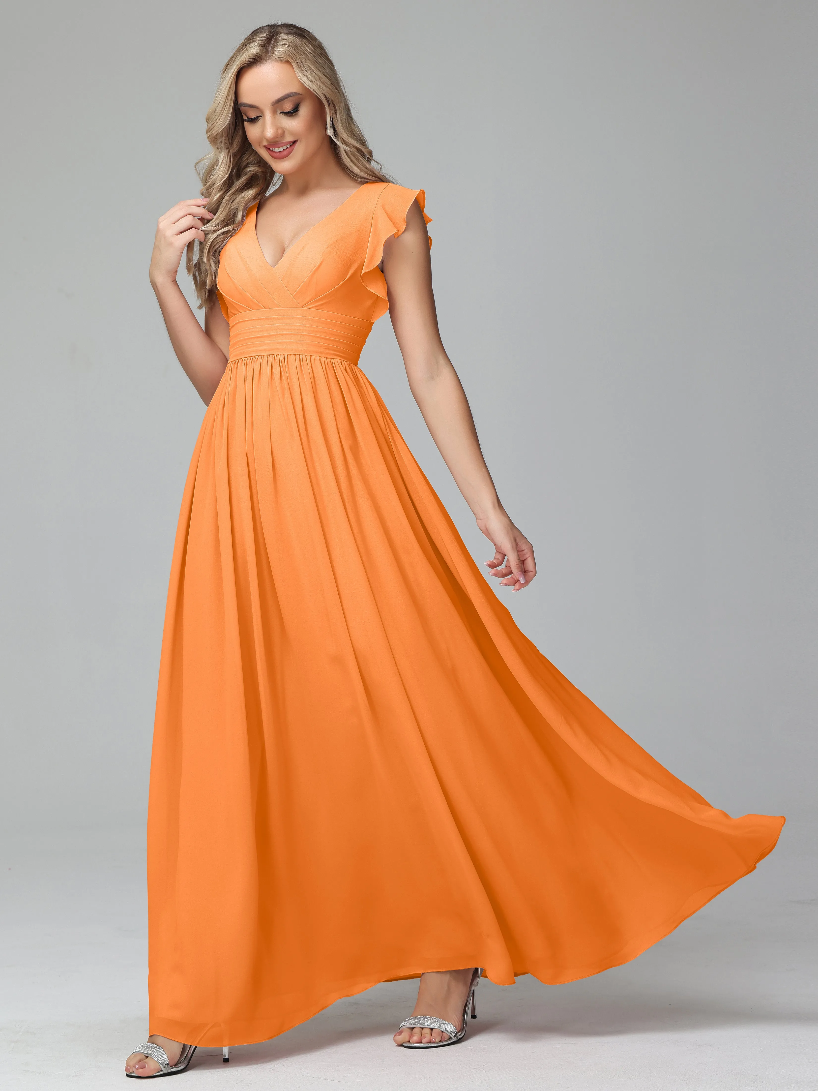 Bonnie V-Neck Chiffon Mother of the Bride Dress With Ruffle Sleeves