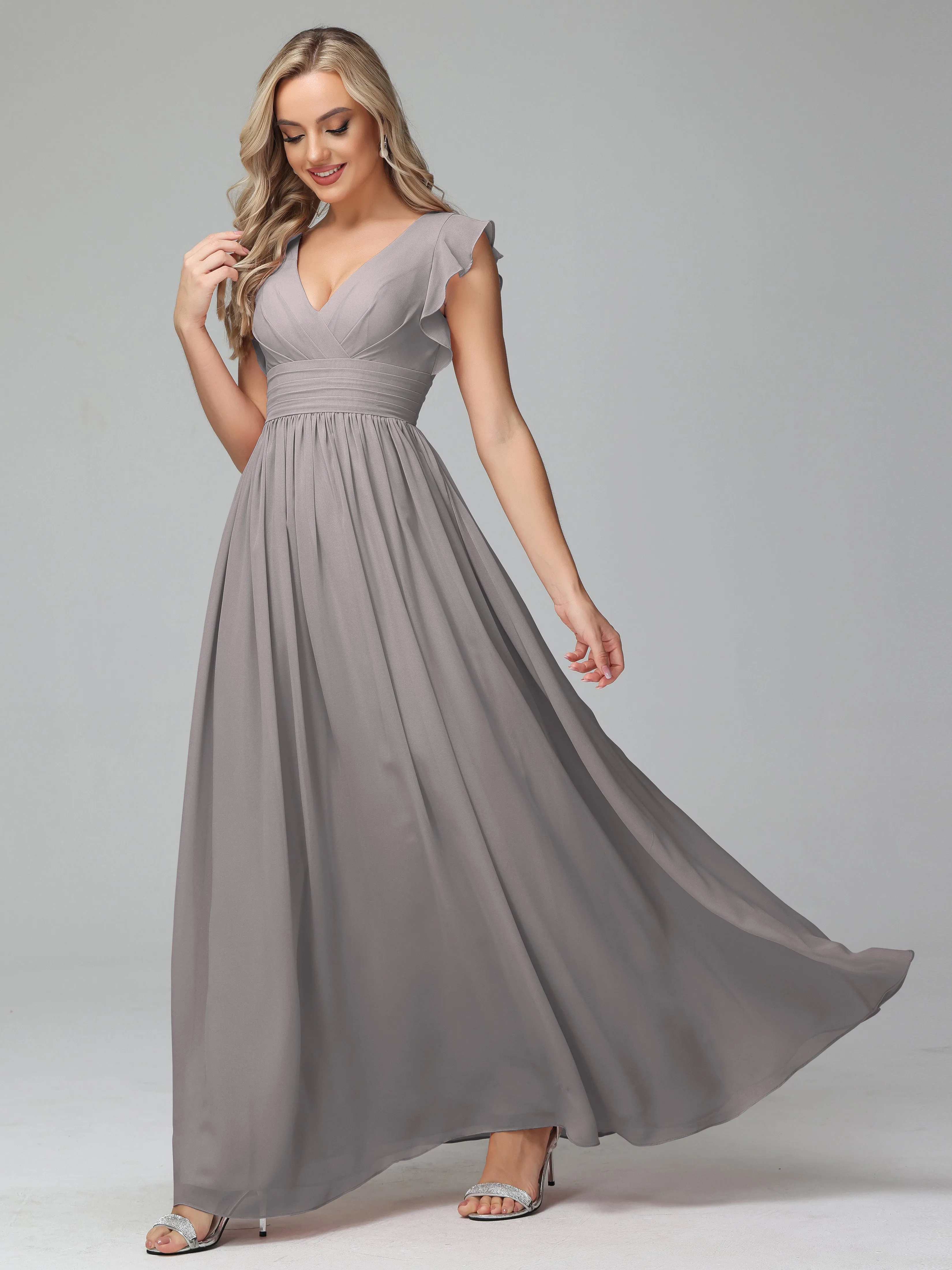 Bonnie V-Neck Chiffon Mother of the Bride Dress With Ruffle Sleeves