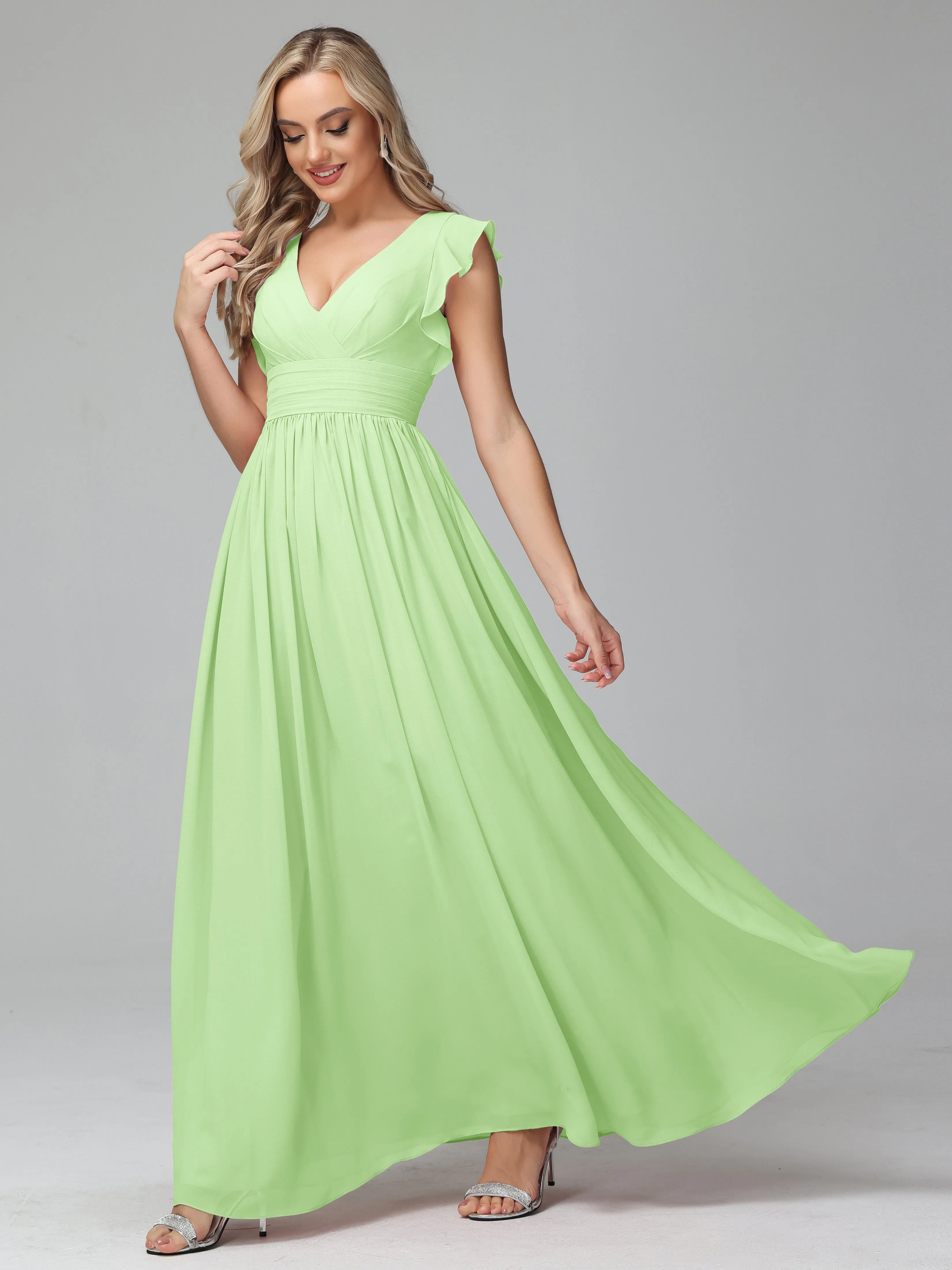 Bonnie V-Neck Chiffon Mother of the Bride Dress With Ruffle Sleeves