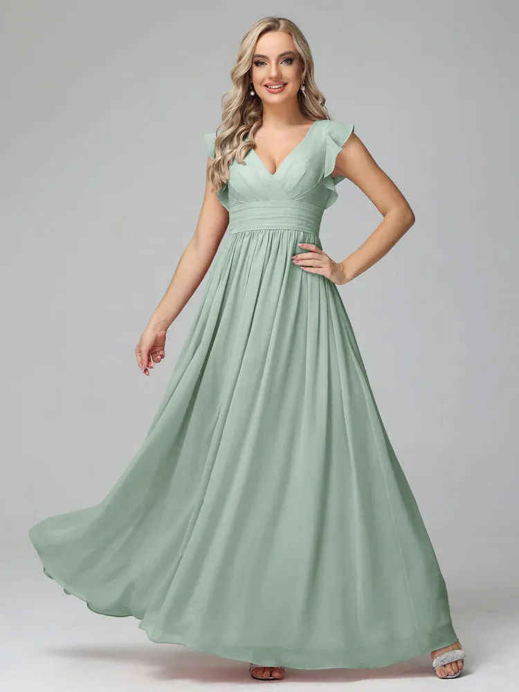 Bonnie V-Neck Chiffon Mother of the Bride Dress With Ruffle Sleeves