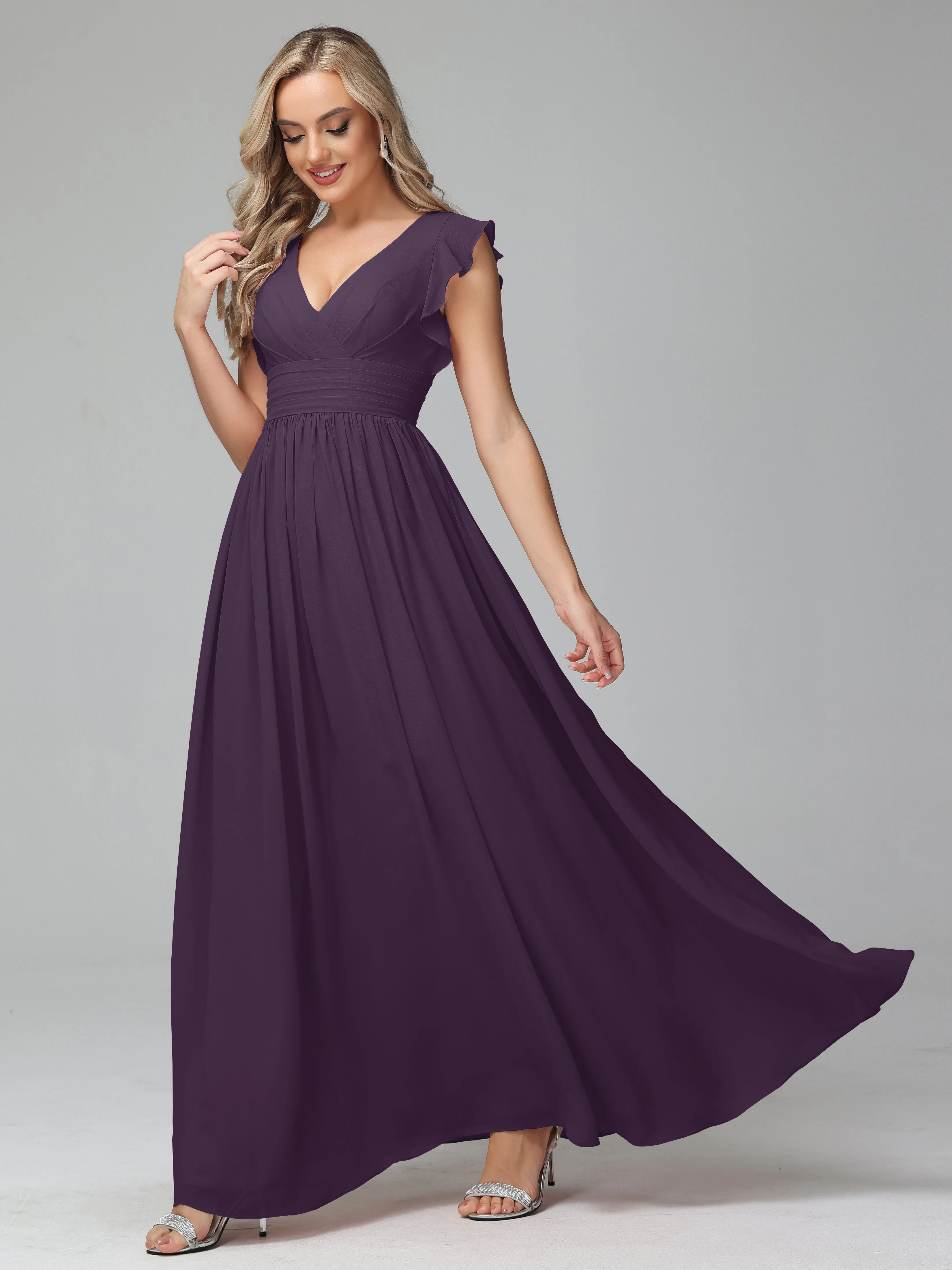 Bonnie V-Neck Chiffon Mother of the Bride Dress With Ruffle Sleeves