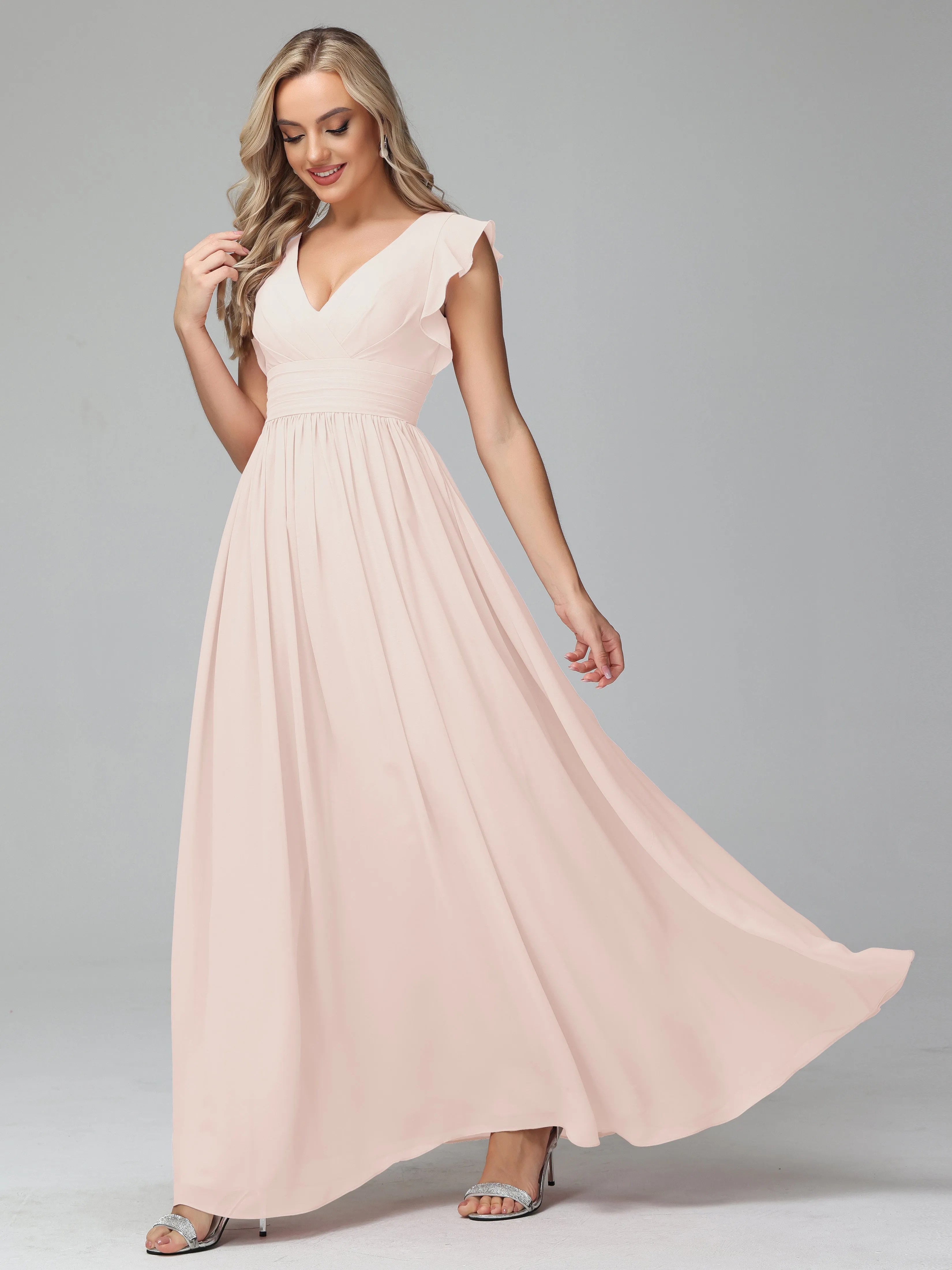 Bonnie V-Neck Chiffon Mother of the Bride Dress With Ruffle Sleeves