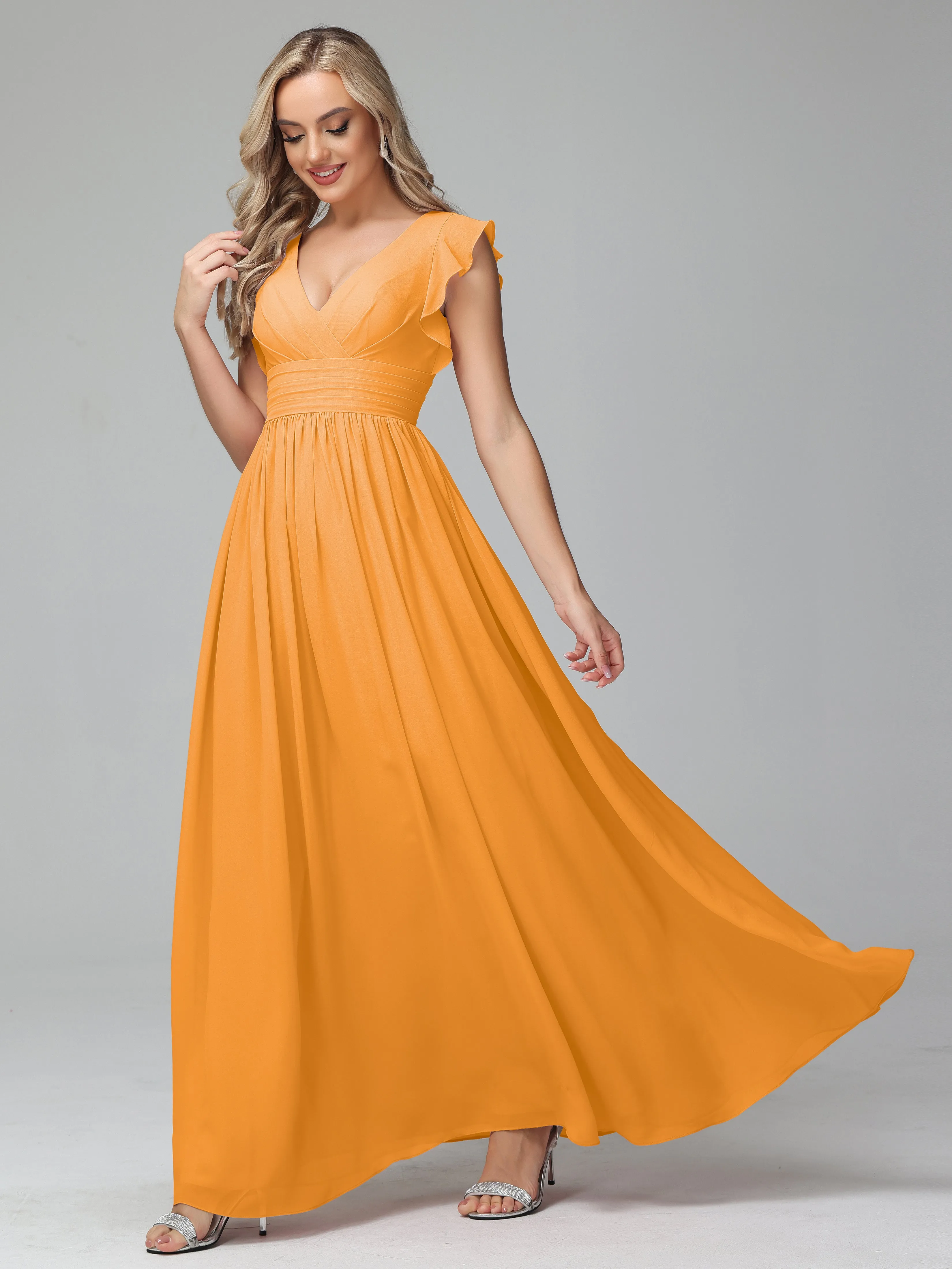 Bonnie V-Neck Chiffon Mother of the Bride Dress With Ruffle Sleeves