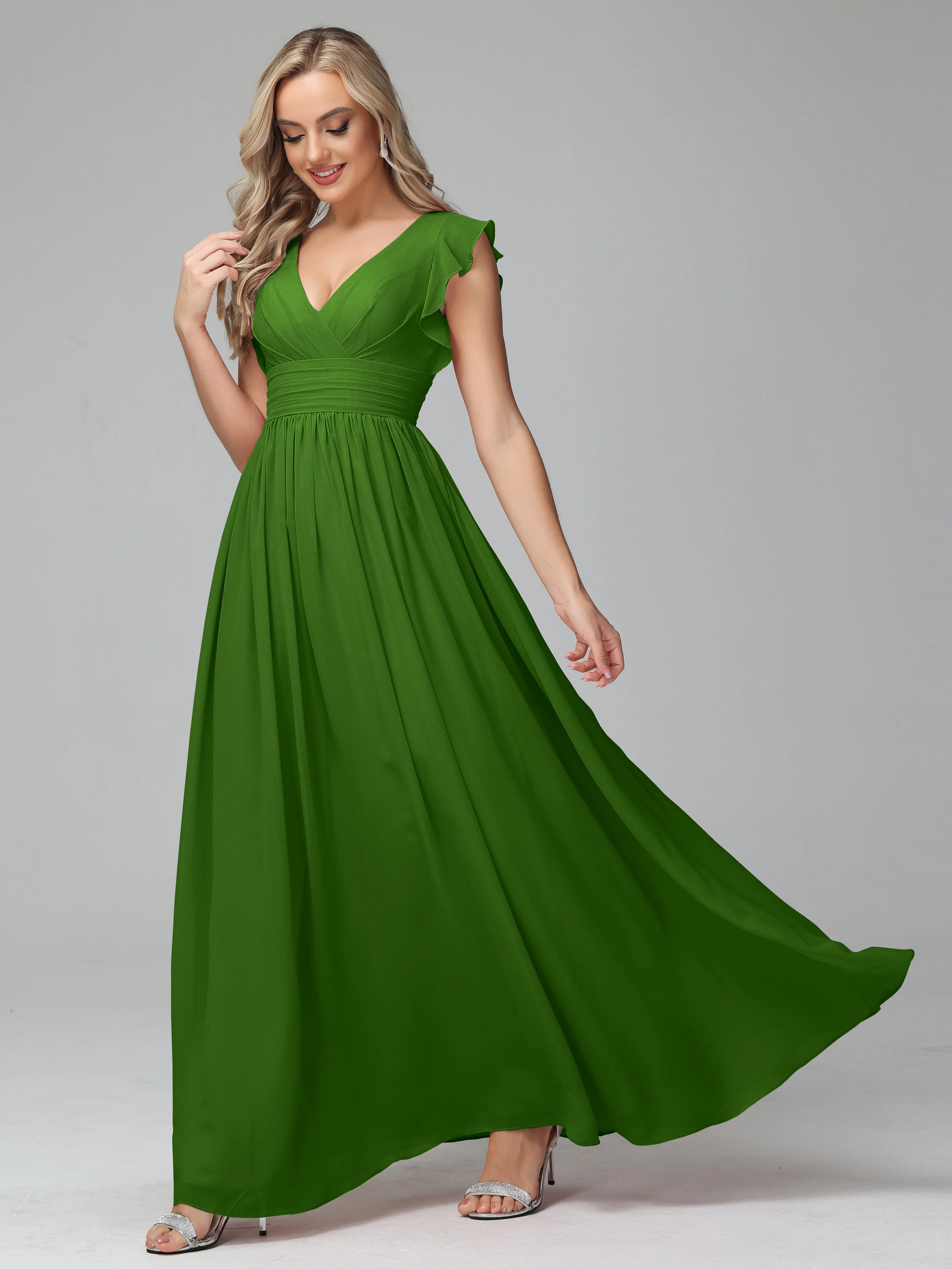 Bonnie V-Neck Chiffon Mother of the Bride Dress With Ruffle Sleeves