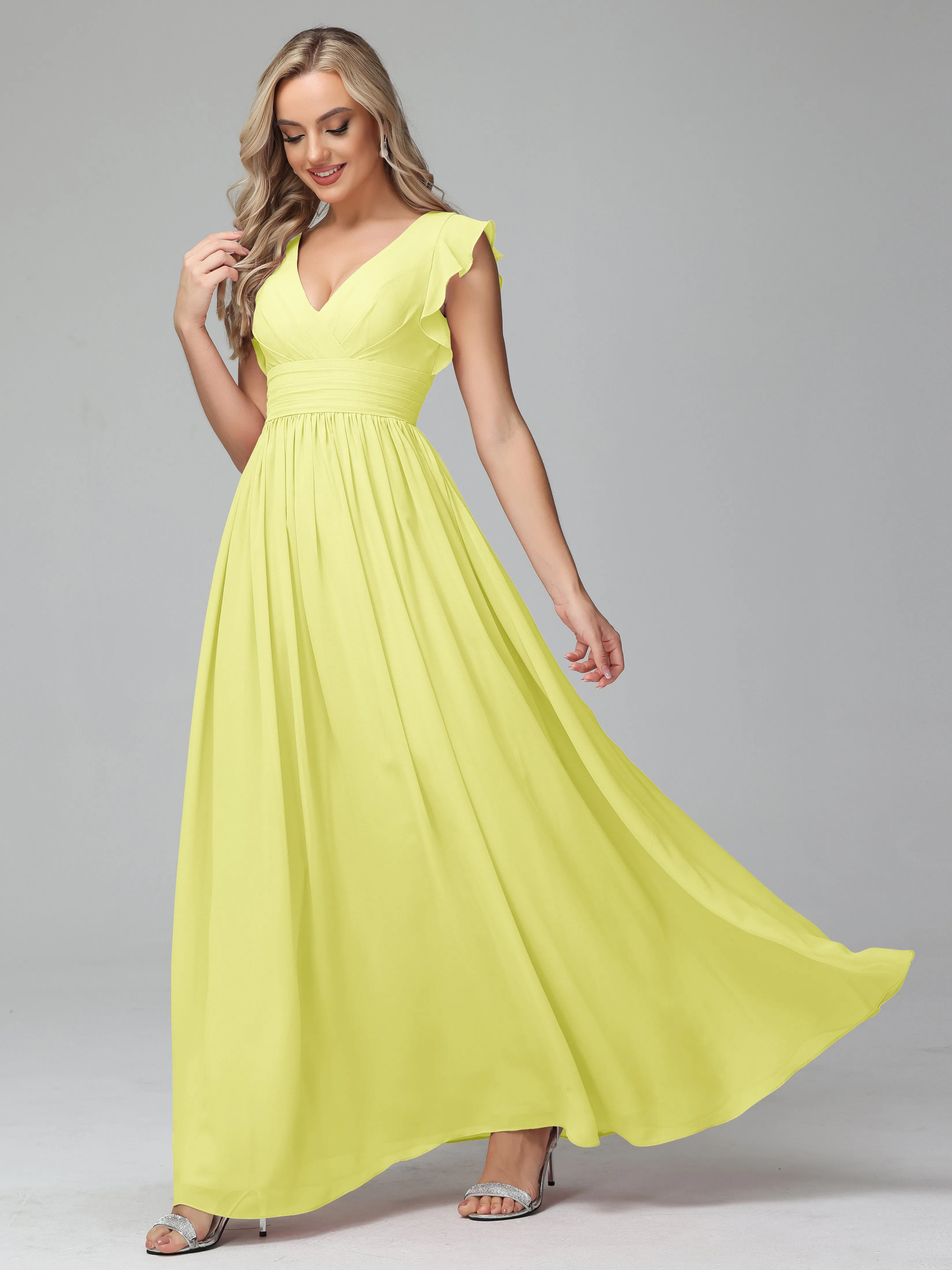 Bonnie V-Neck Chiffon Mother of the Bride Dress With Ruffle Sleeves