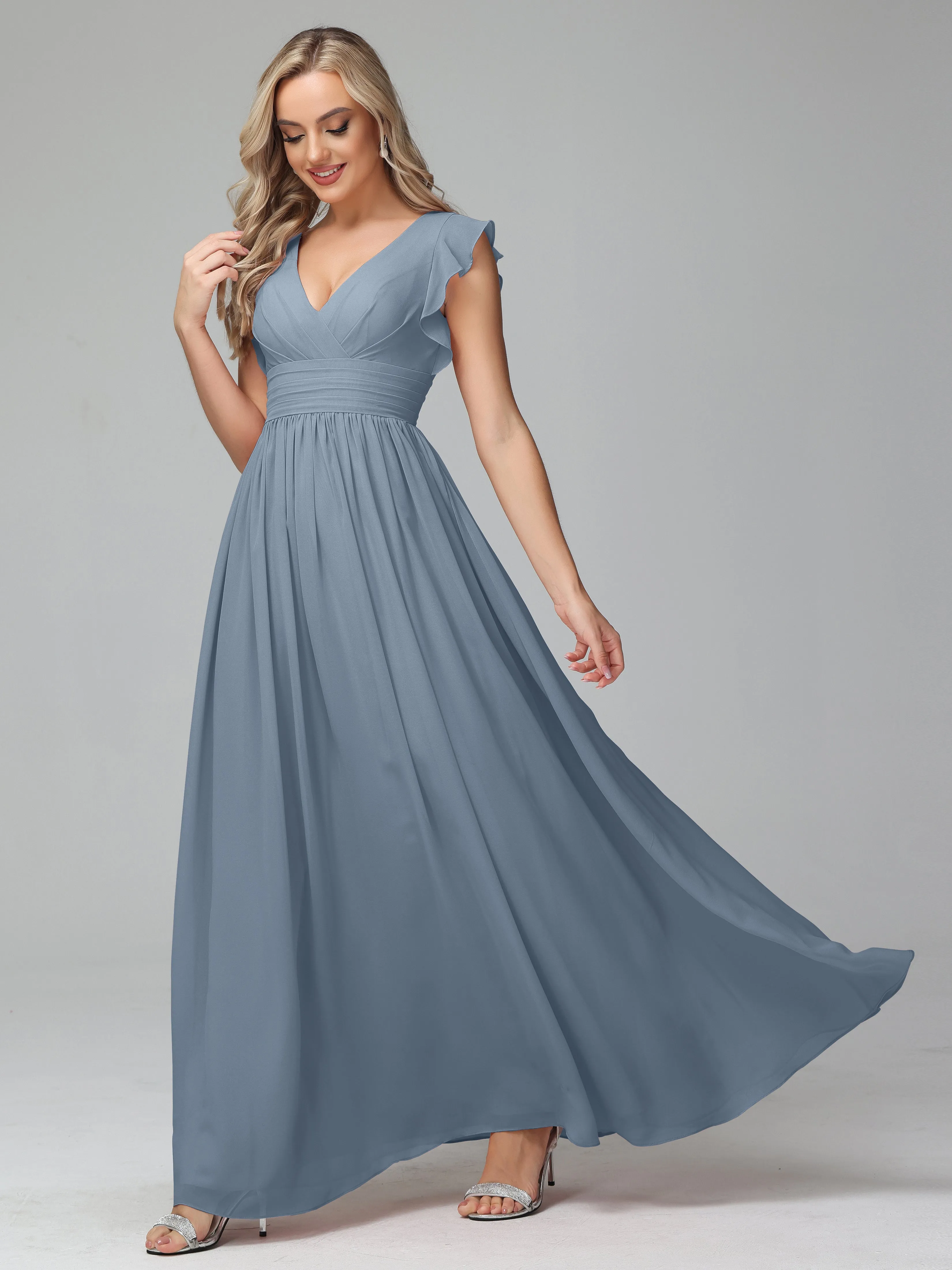 Bonnie V-Neck Chiffon Mother of the Bride Dress With Ruffle Sleeves